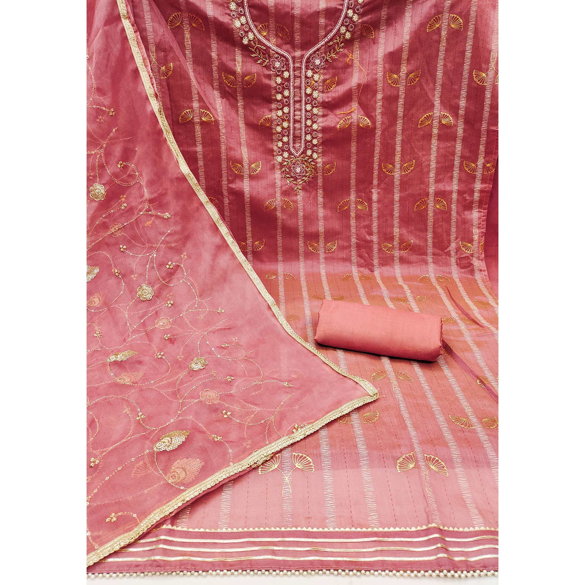 Gajri Pink Foil Printed Chanderi Silk Dress Material