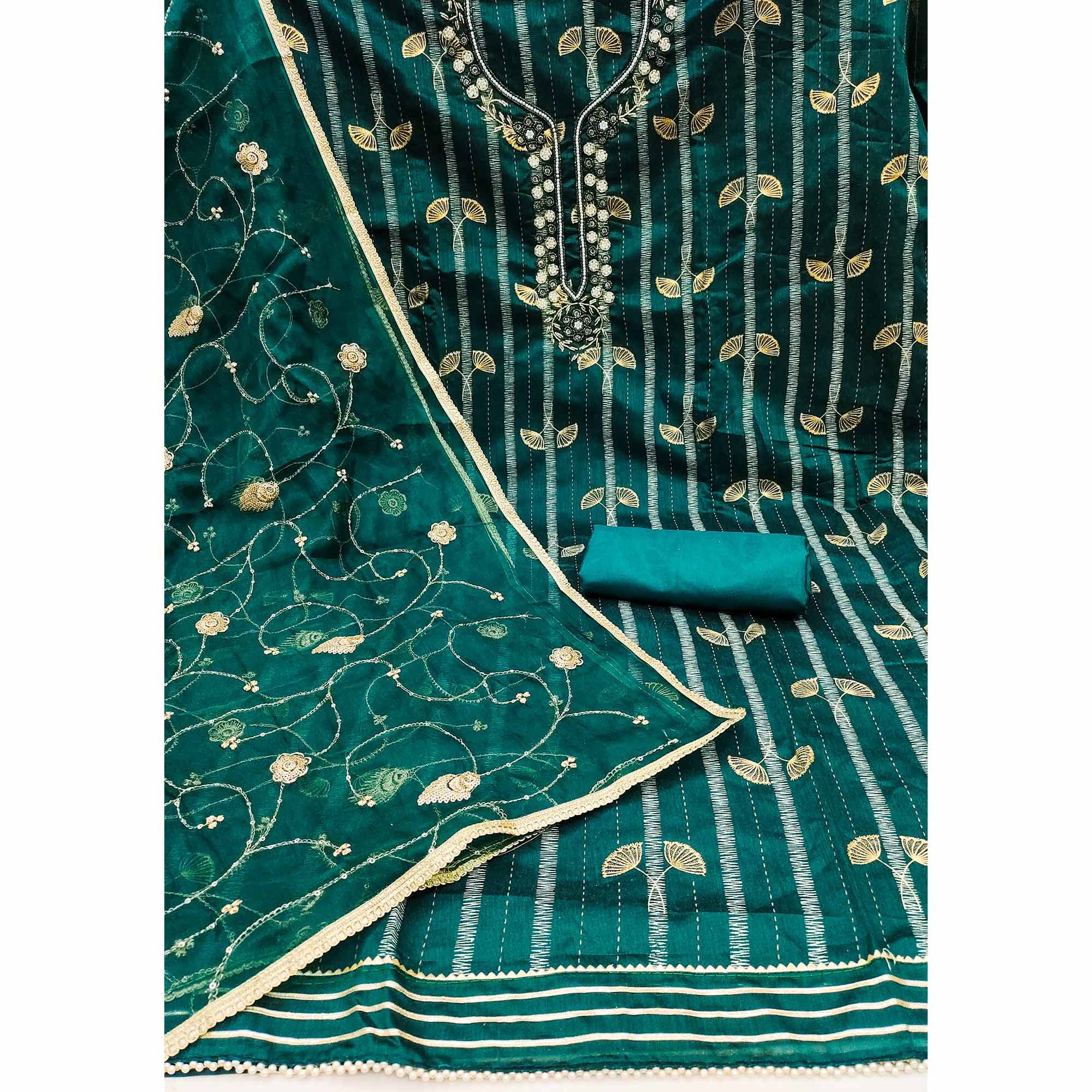 Teal Foil Printed Chanderi Silk Dress Material