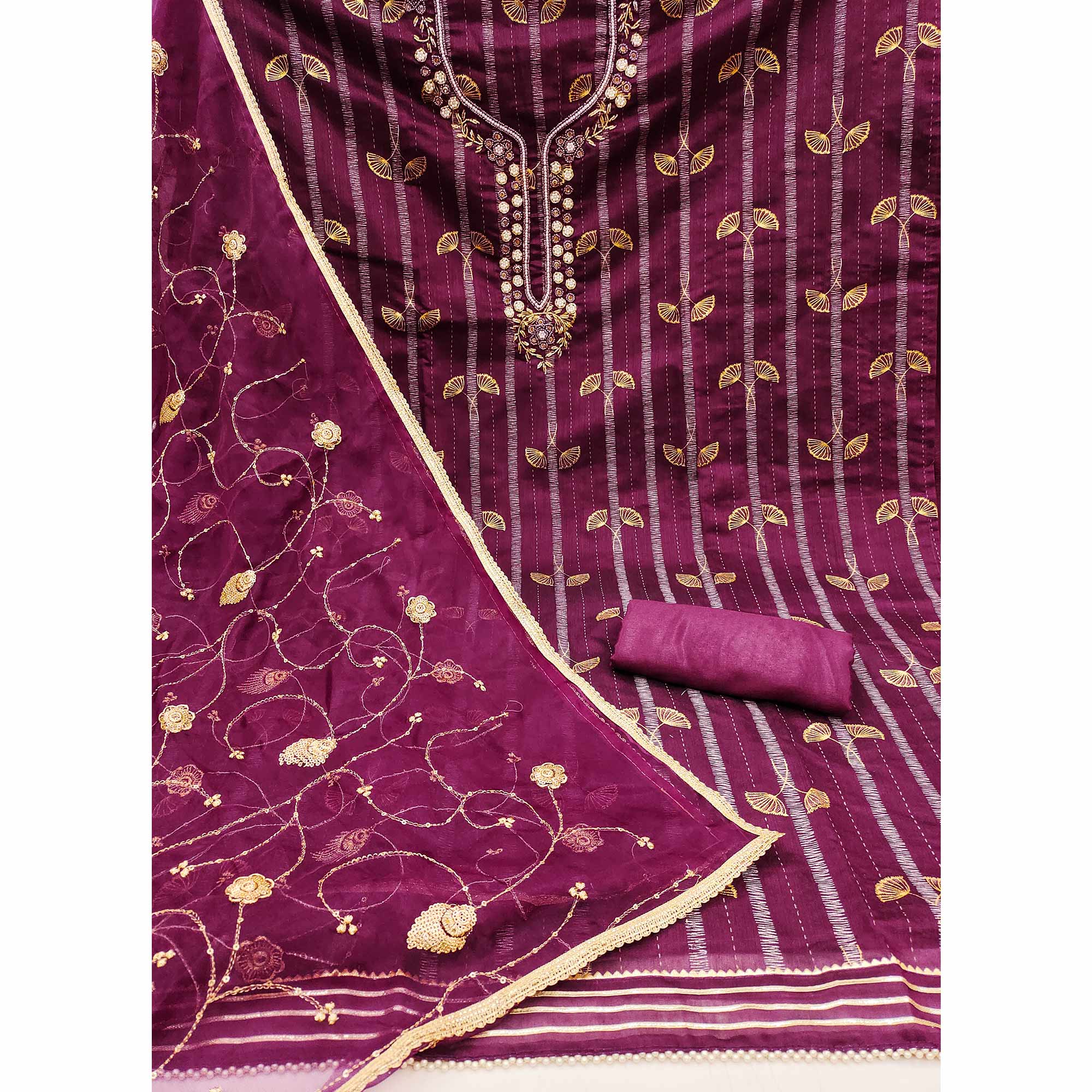 Wine Foil Printed Chanderi Silk Dress Material