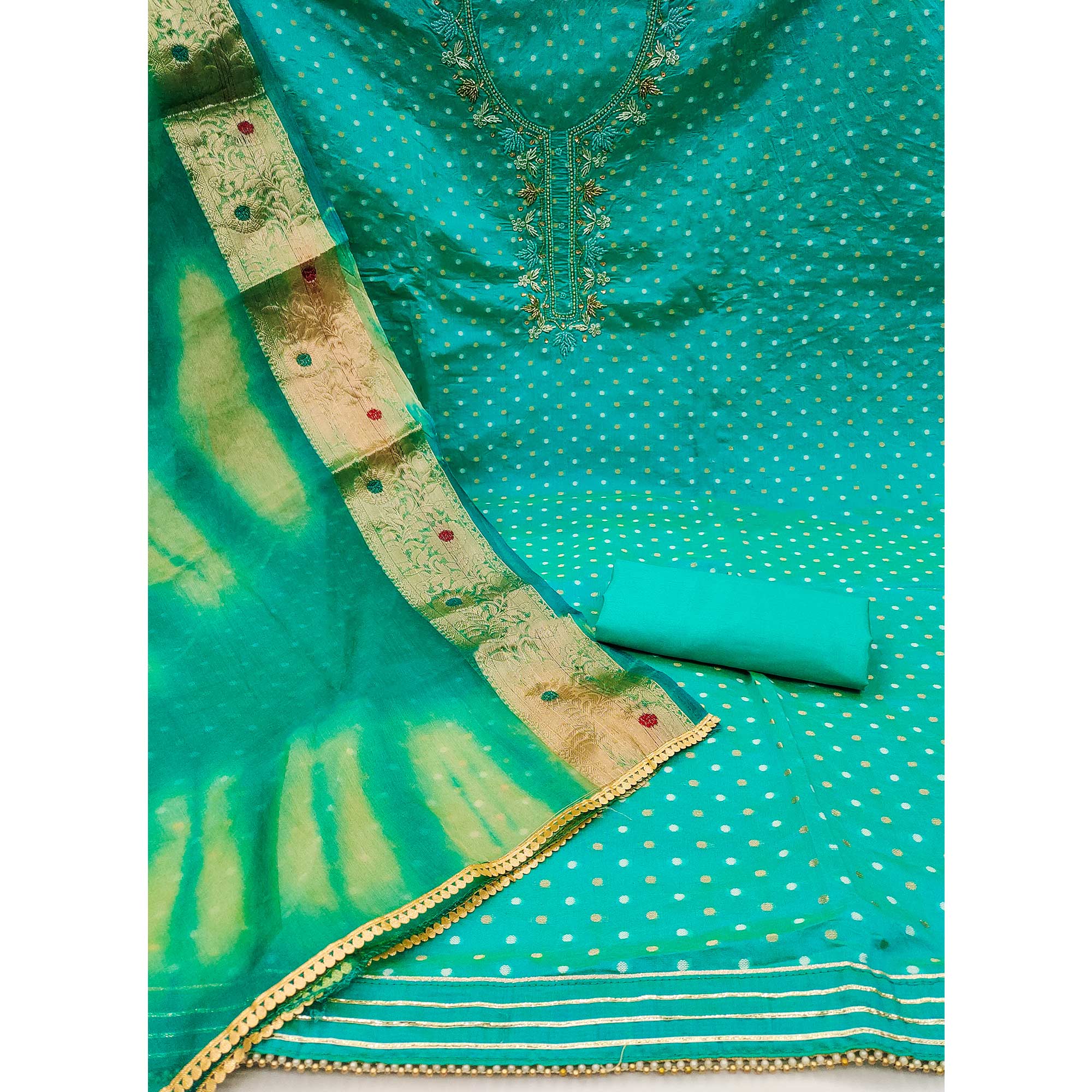 Turquoise Woven Chanderi Silk Dress Material