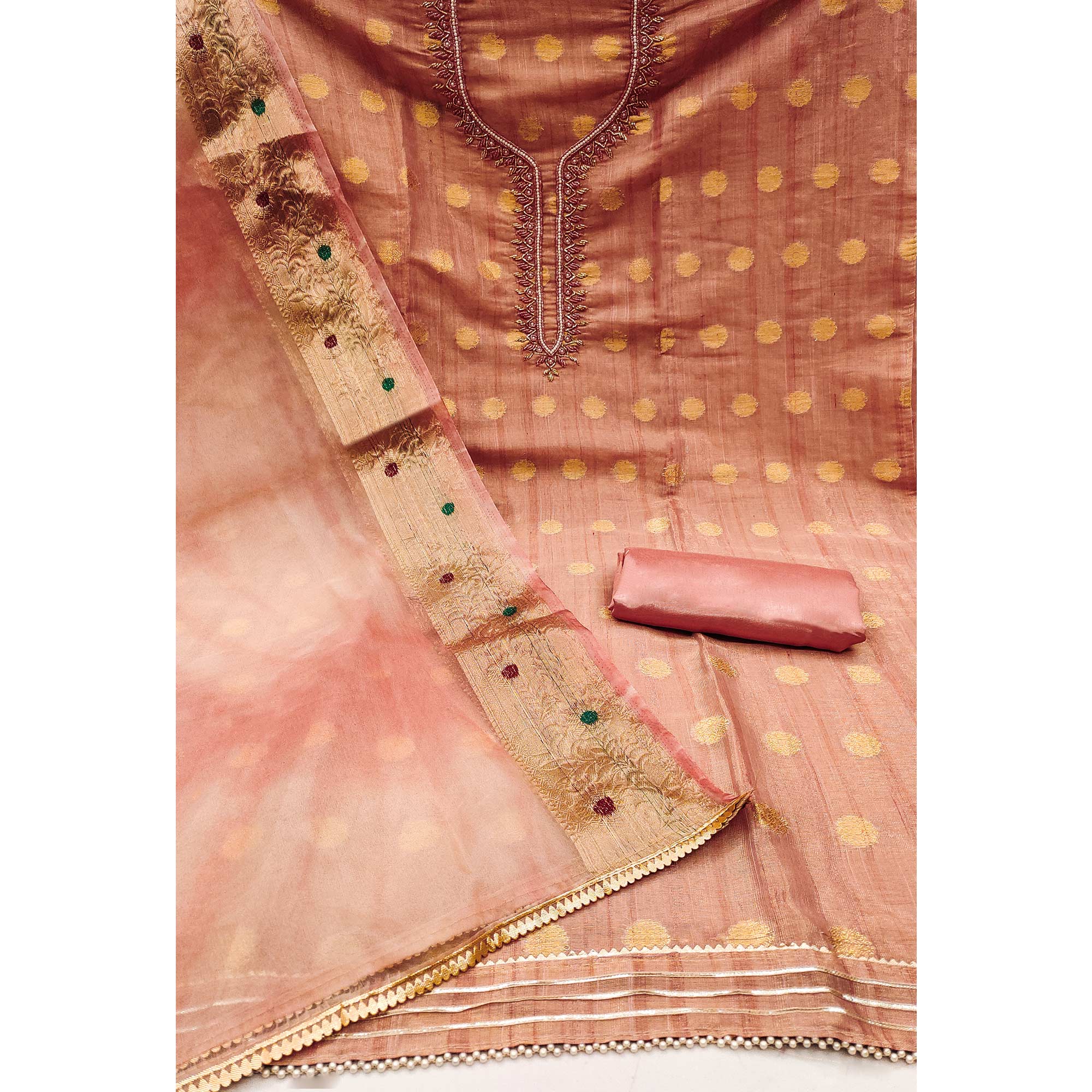 Peach Woven Chanderi Silk Dress Material