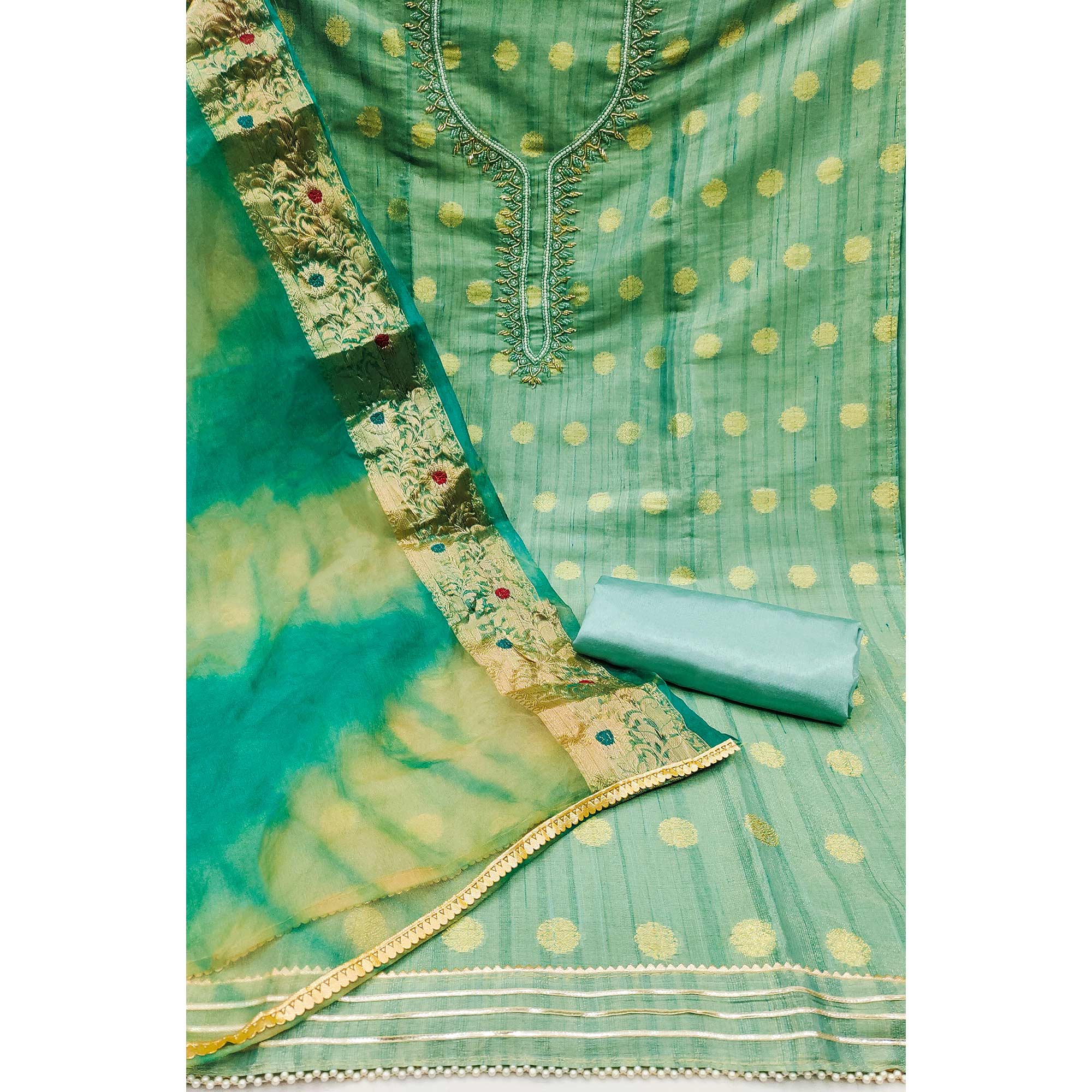 Sea Green Woven Chanderi Silk Dress Material