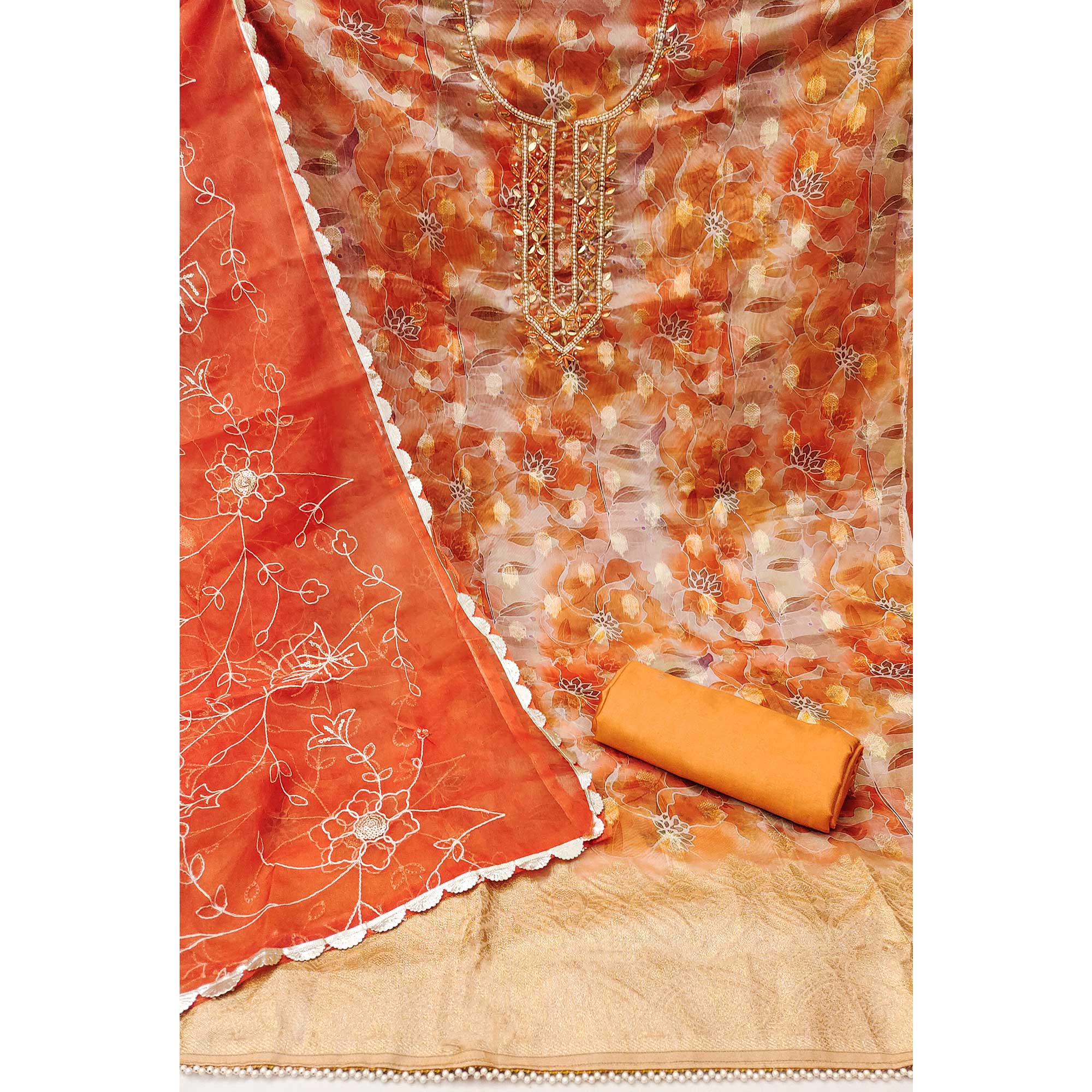 Orange Floral Digital Printed Organza Dress Material