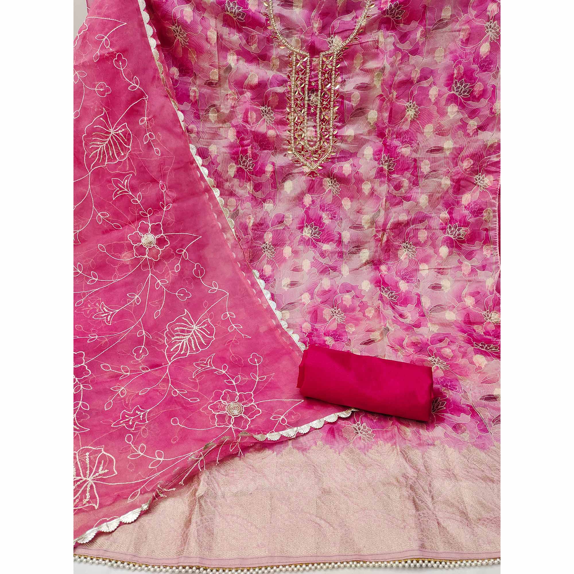 Pink Floral Digital Printed Organza Dress Material