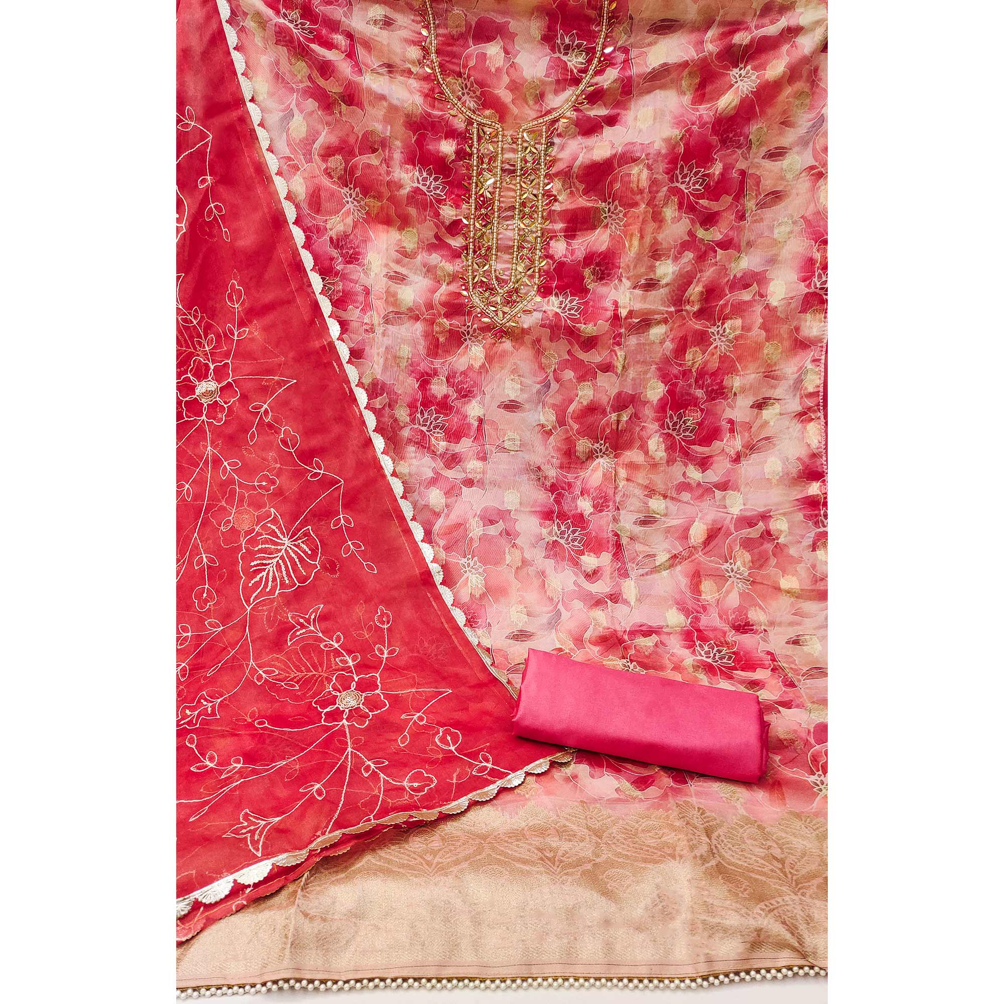 Rani Pink Floral Digital Printed Organza Dress Material