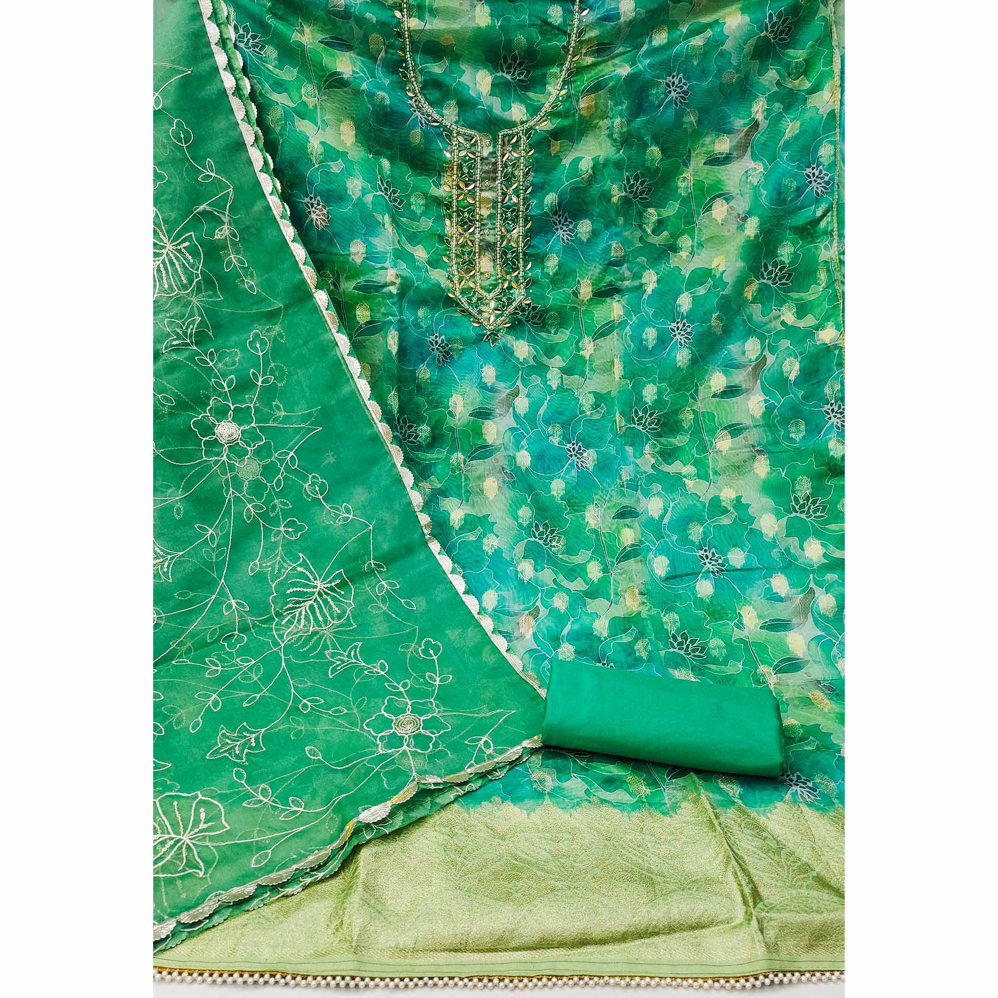 Sea Green Floral Digital Printed Organza Dress Material