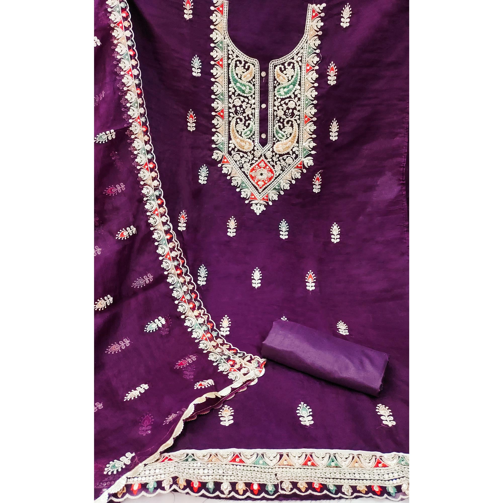 Purple Floral Embroidered Organza Dress Material