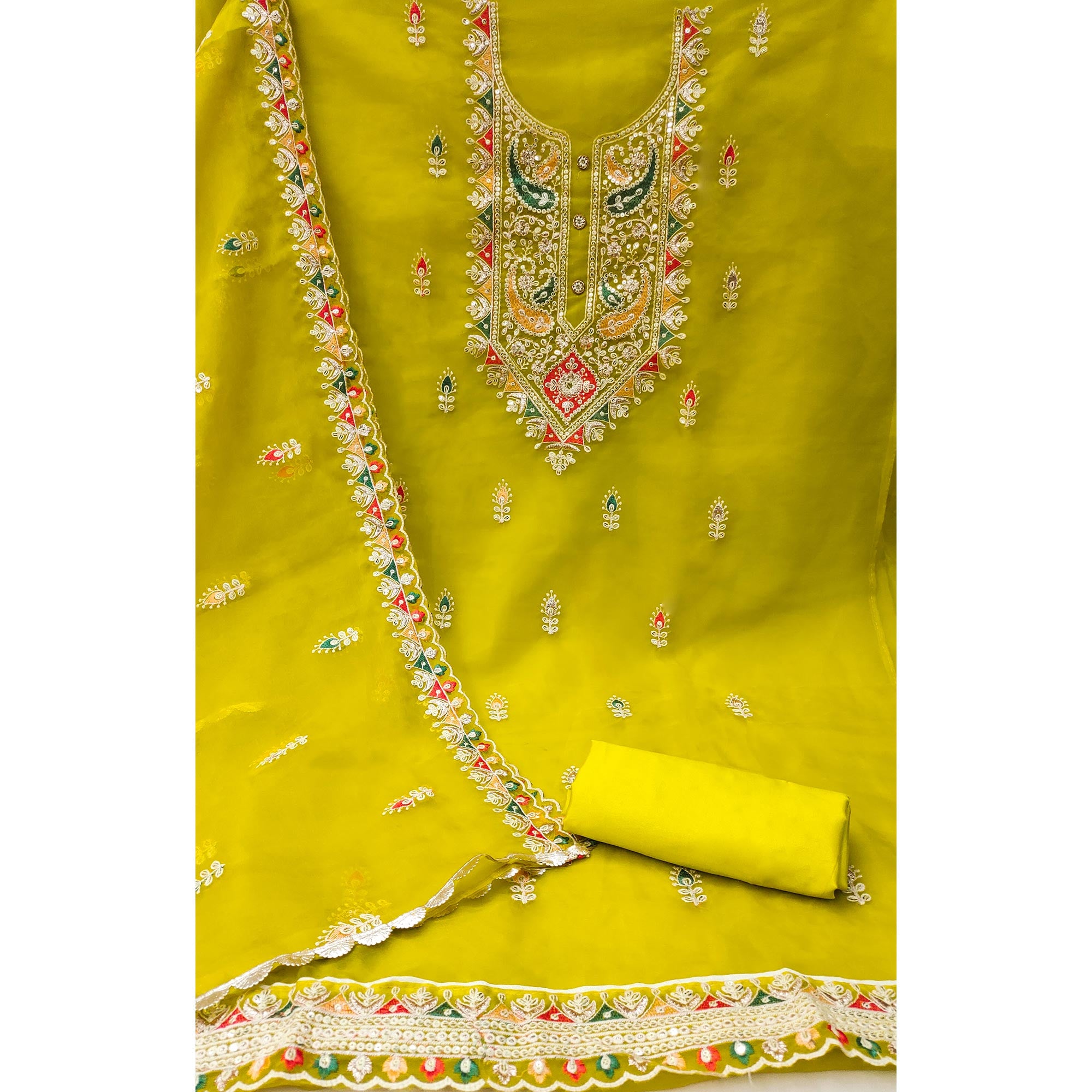 Yellow Floral Embroidered Organza Dress Material