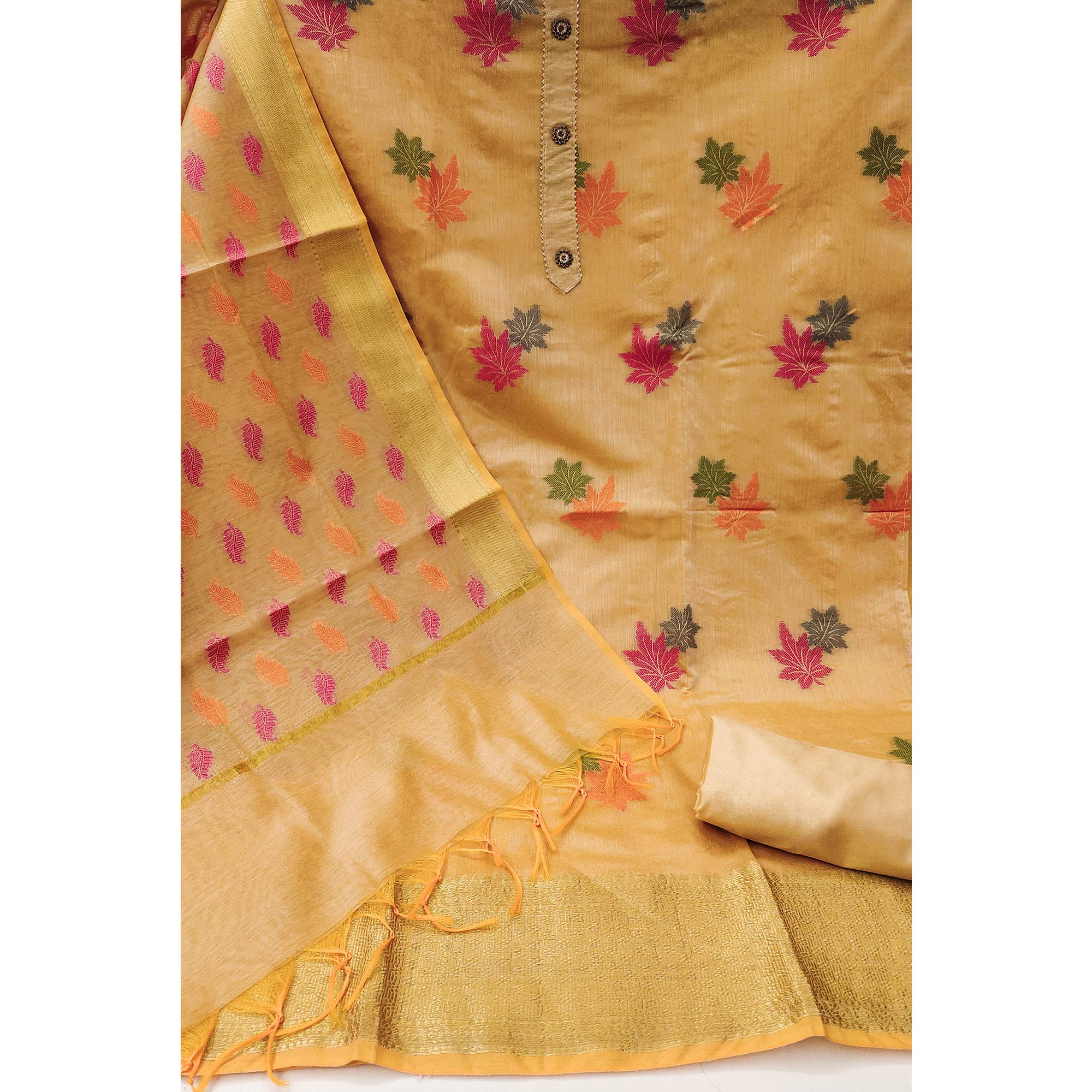 Chikoo Woven Banarasi Silk Dress Material