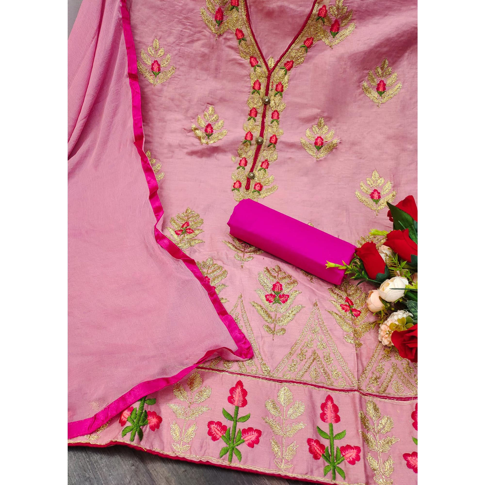 Pink Floral Embroidered Pure Cotton Dress Material