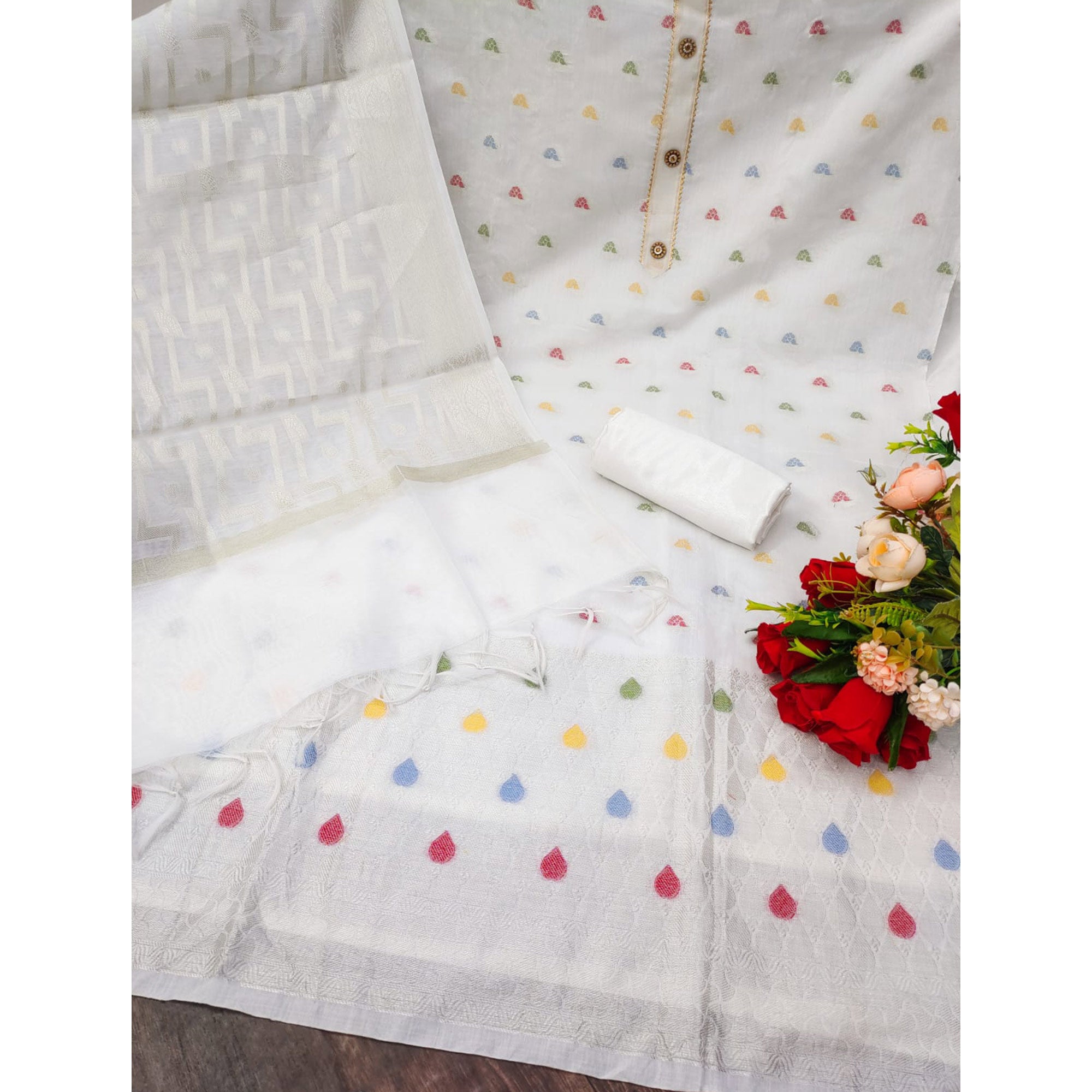 White Woven Banarasi Silk Dress Material