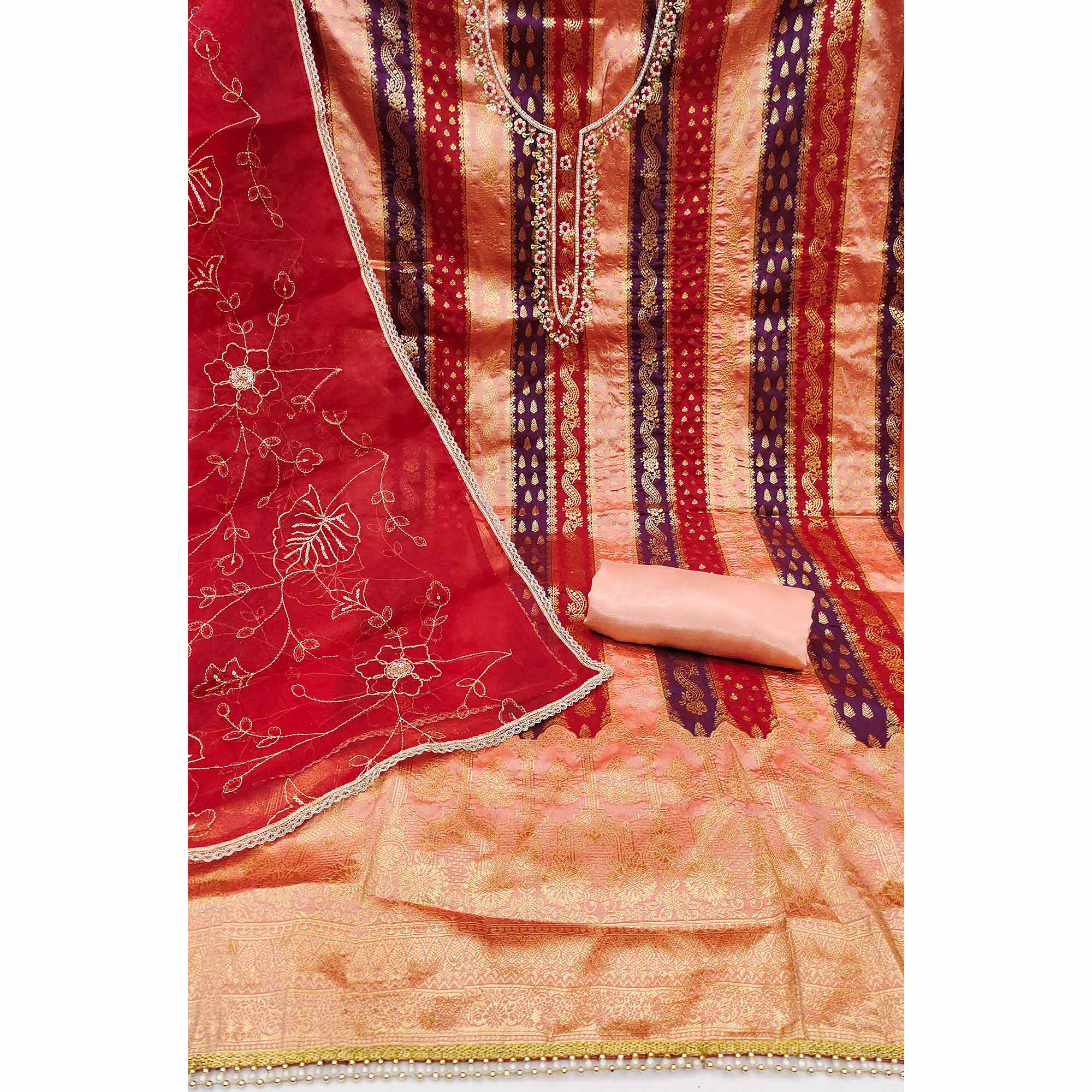 Peach & Red Woven With Handwork Banarasi Silk Dress Material