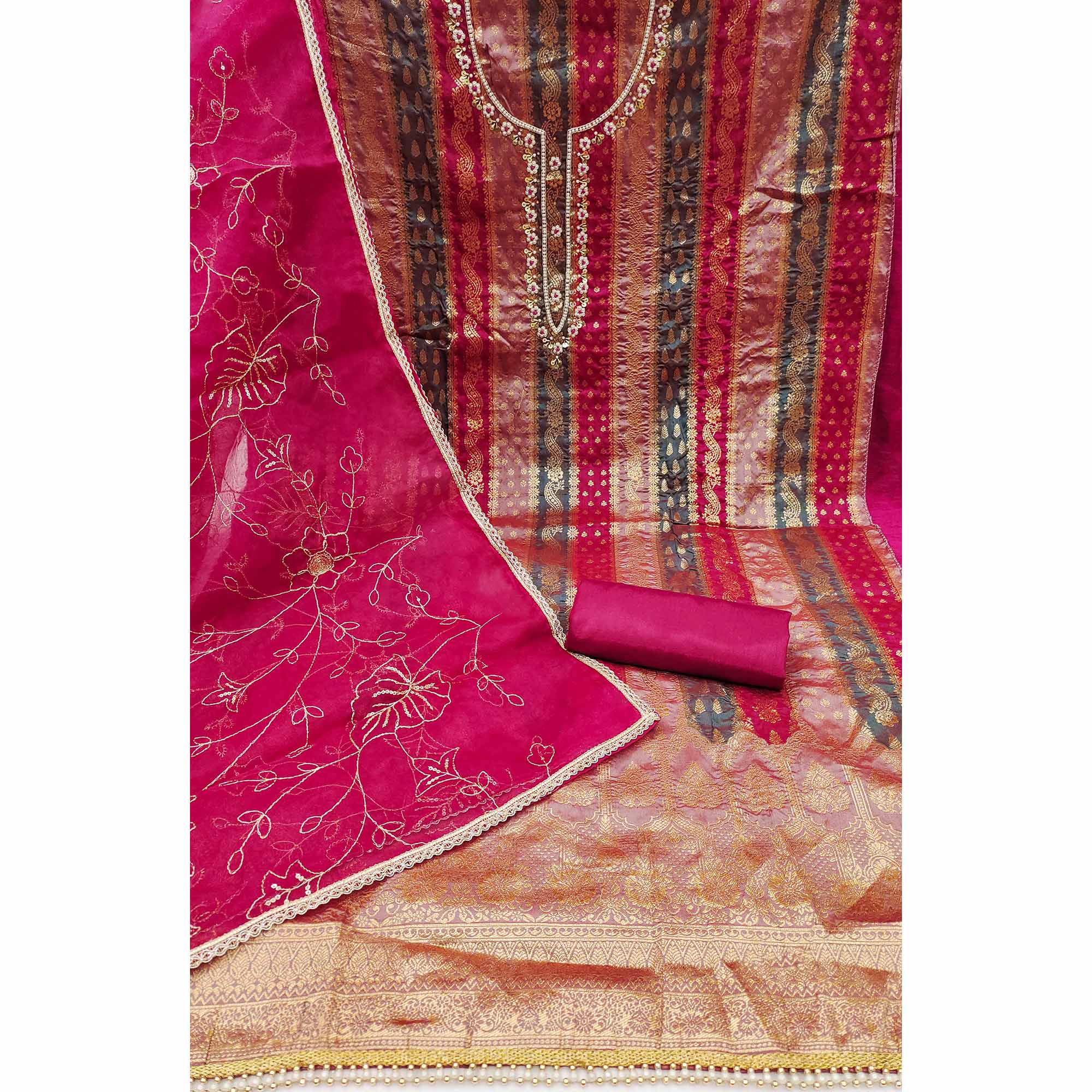 Pink Woven With Handwork Banarasi Silk Dress Material