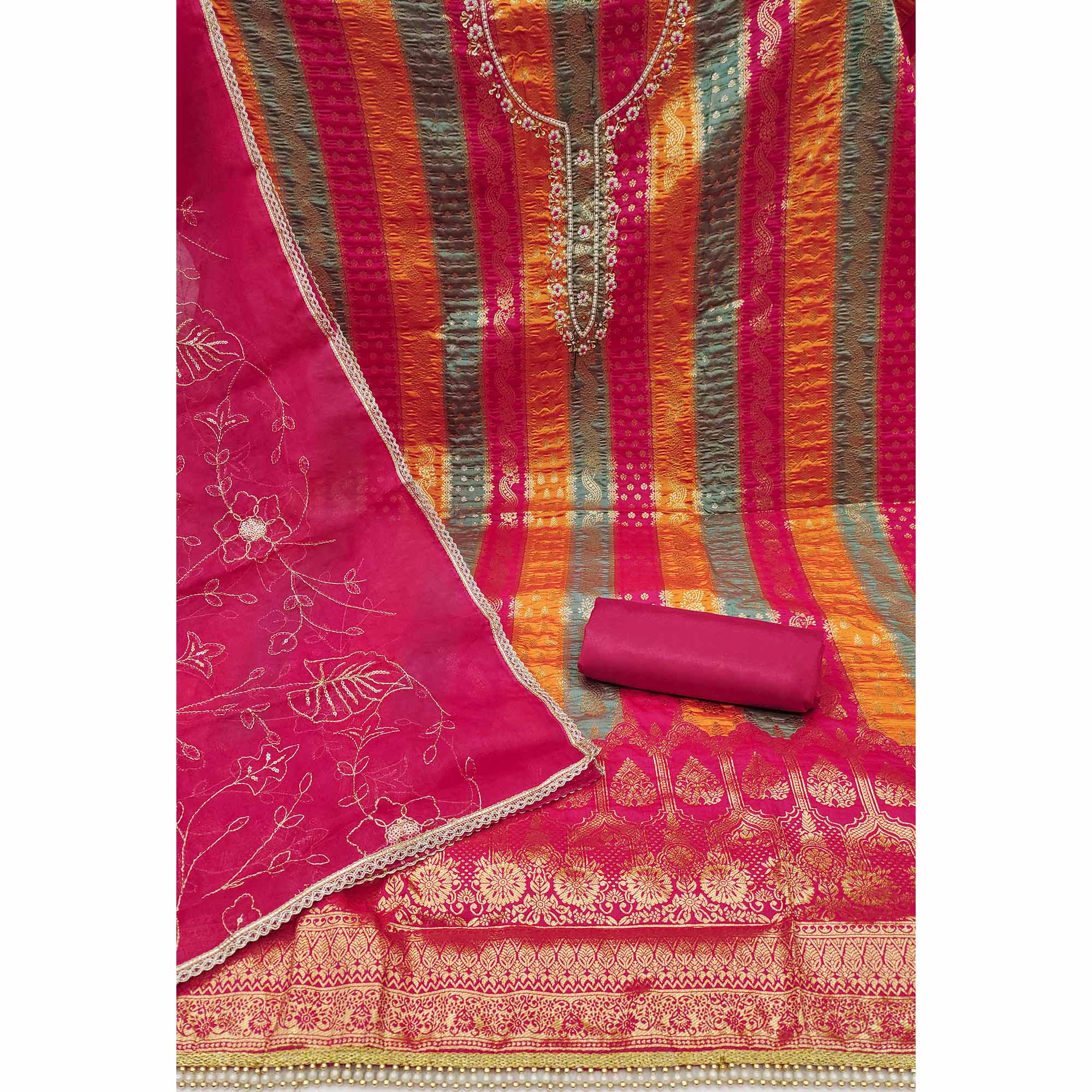 Pink & Orange Woven With Handwork Banarasi Silk Dress Material