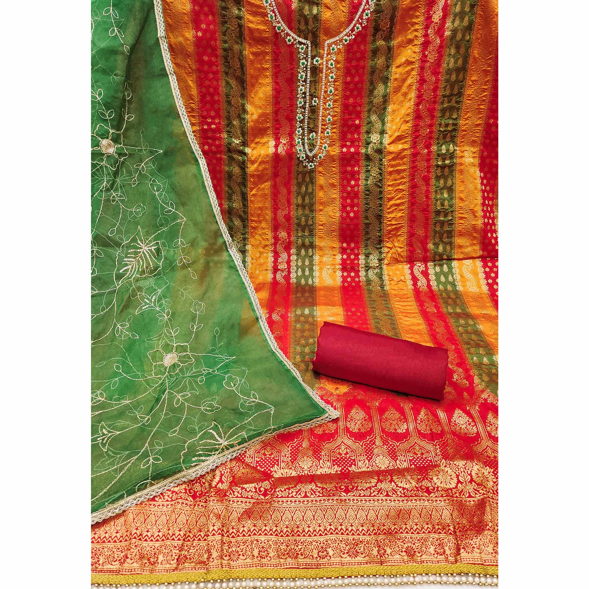 Red & Green Woven With Handwork Banarasi Silk Dress Material