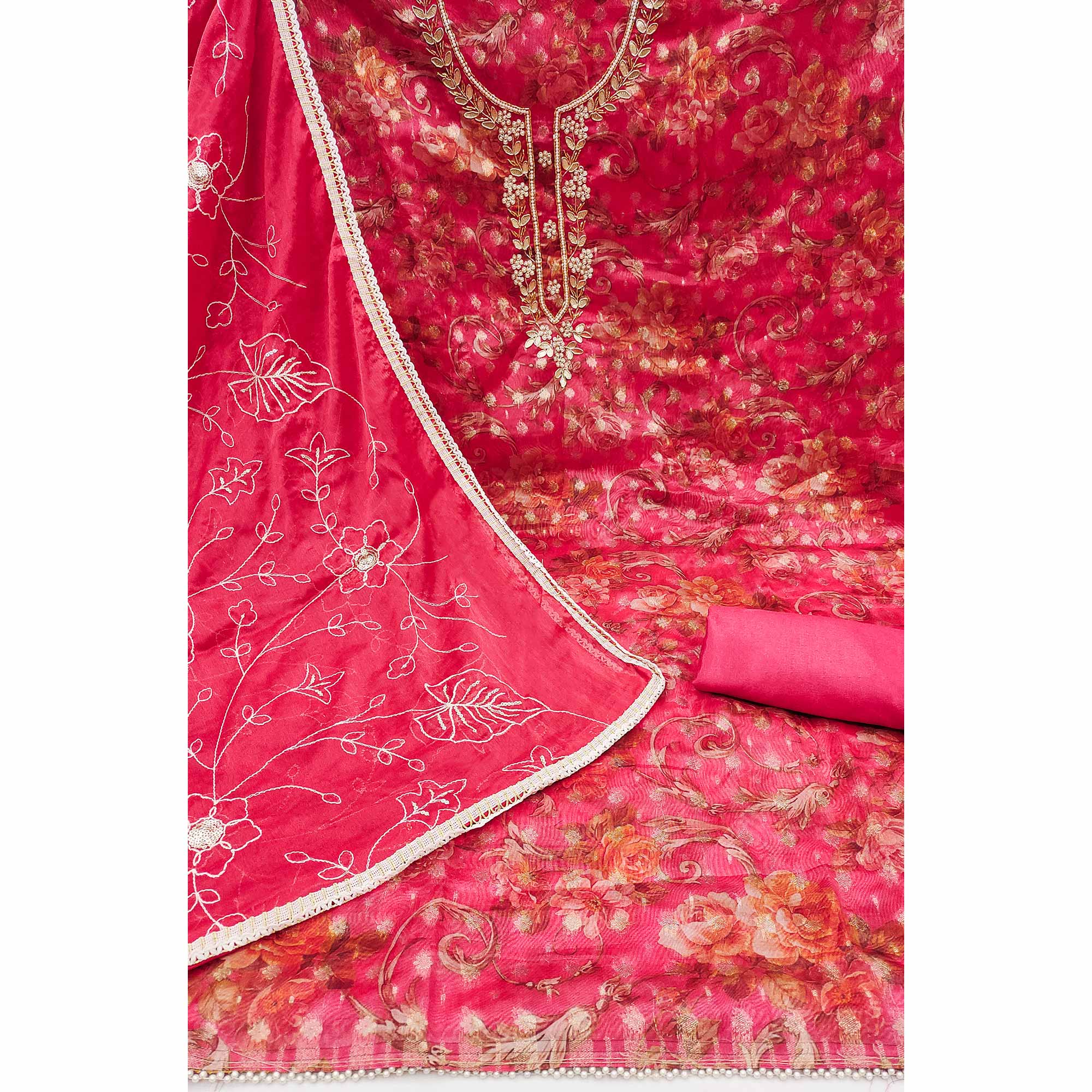 Pink Floral Digital Printed With Moti Work Organza Dress Material