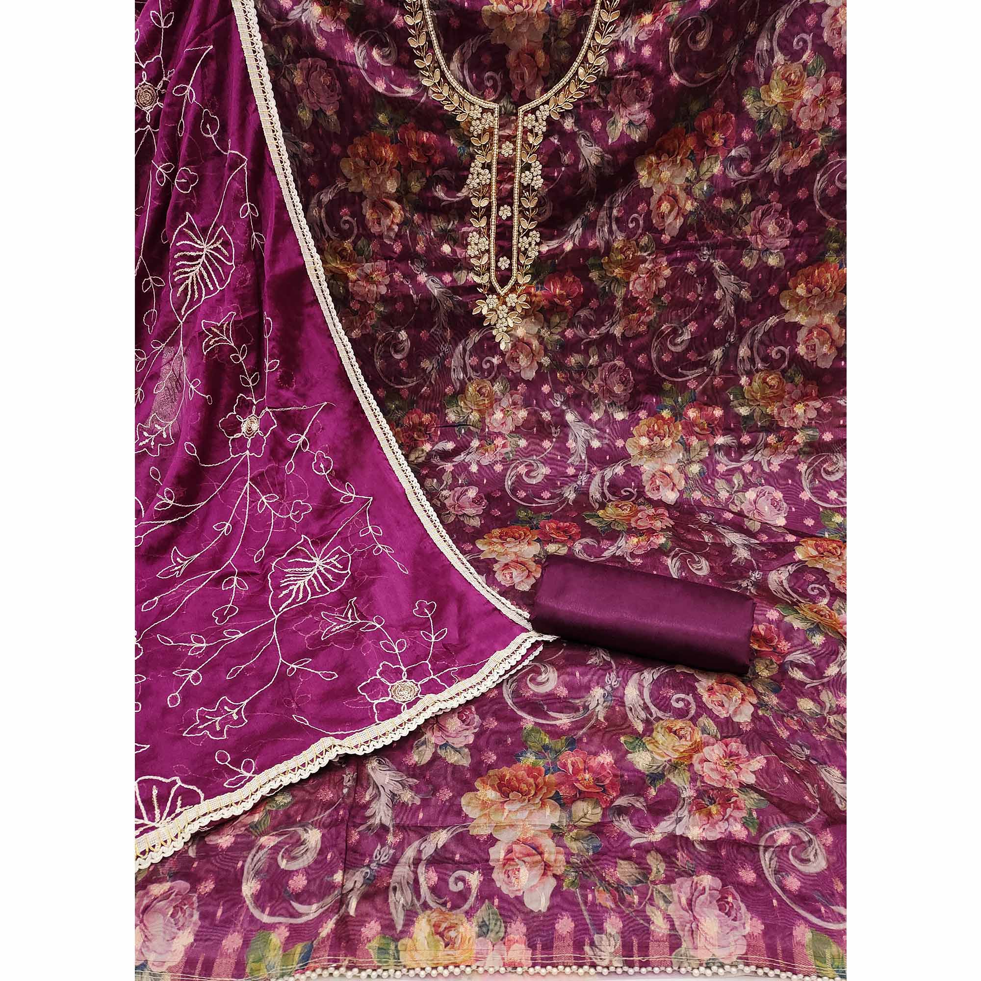 Purple Floral Digital Printed With Moti Work Organza Dress Material