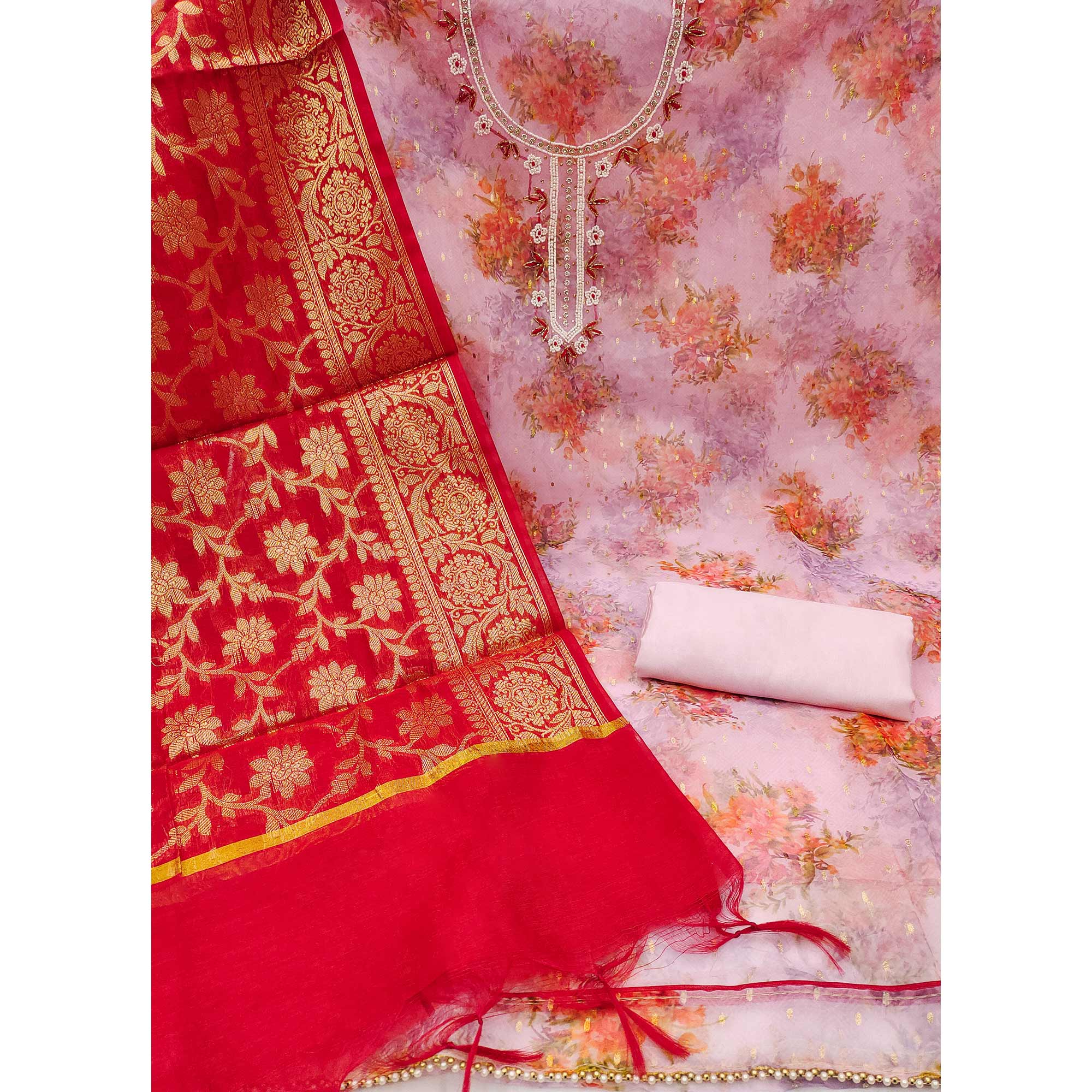 Pink Floral Digital Printed With Handwork Organza Dress Material