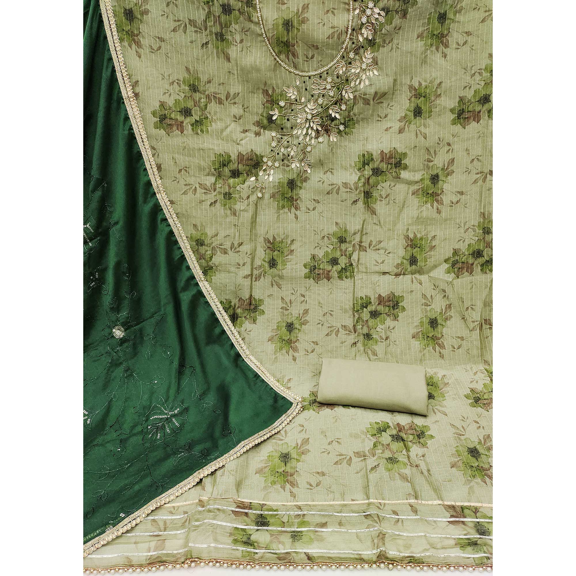 Green Floral Digital Printed With Handwork Chanderi Silk Dress Material