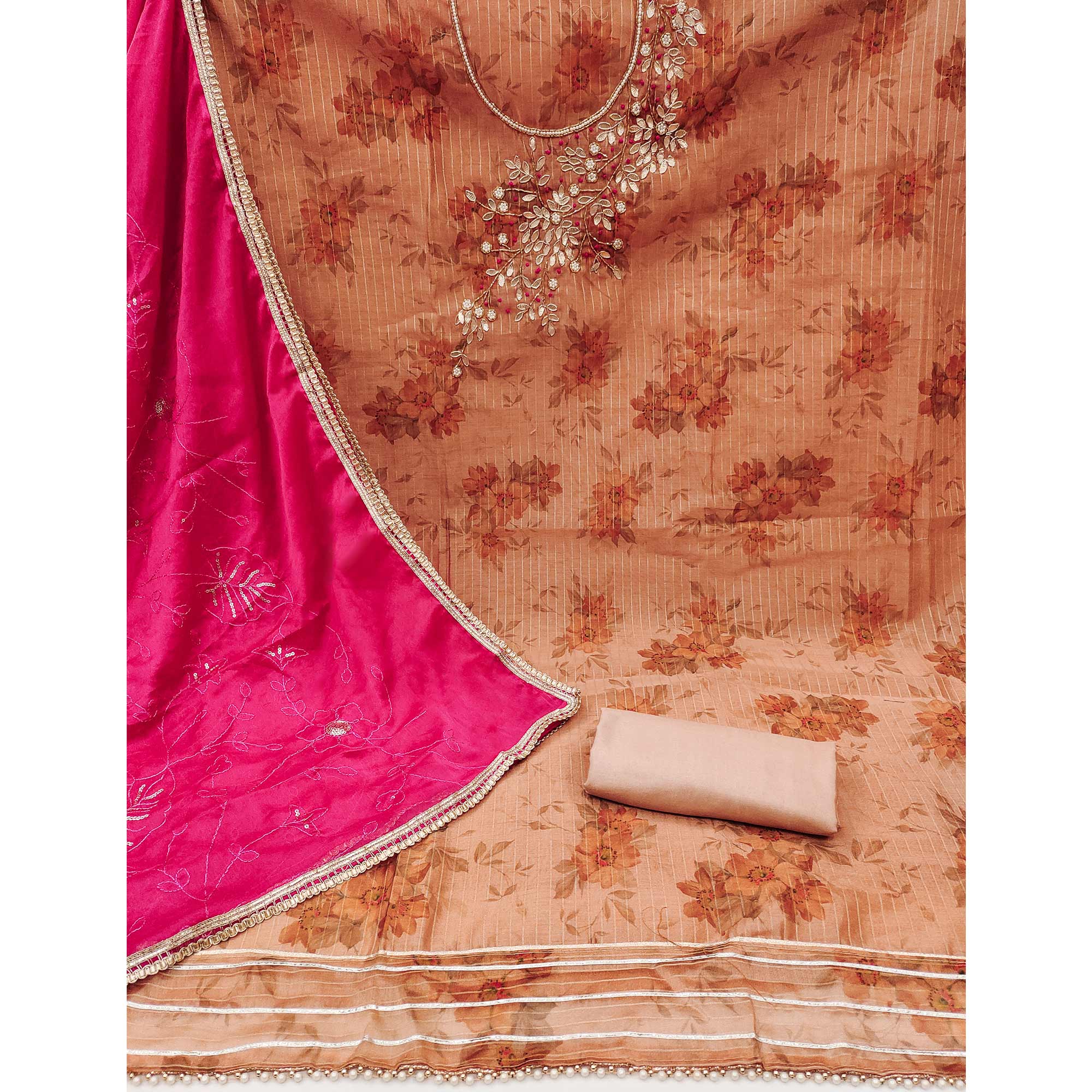 Peach & Pink Floral Digital Printed With Handwork Chanderi Silk Dress Material