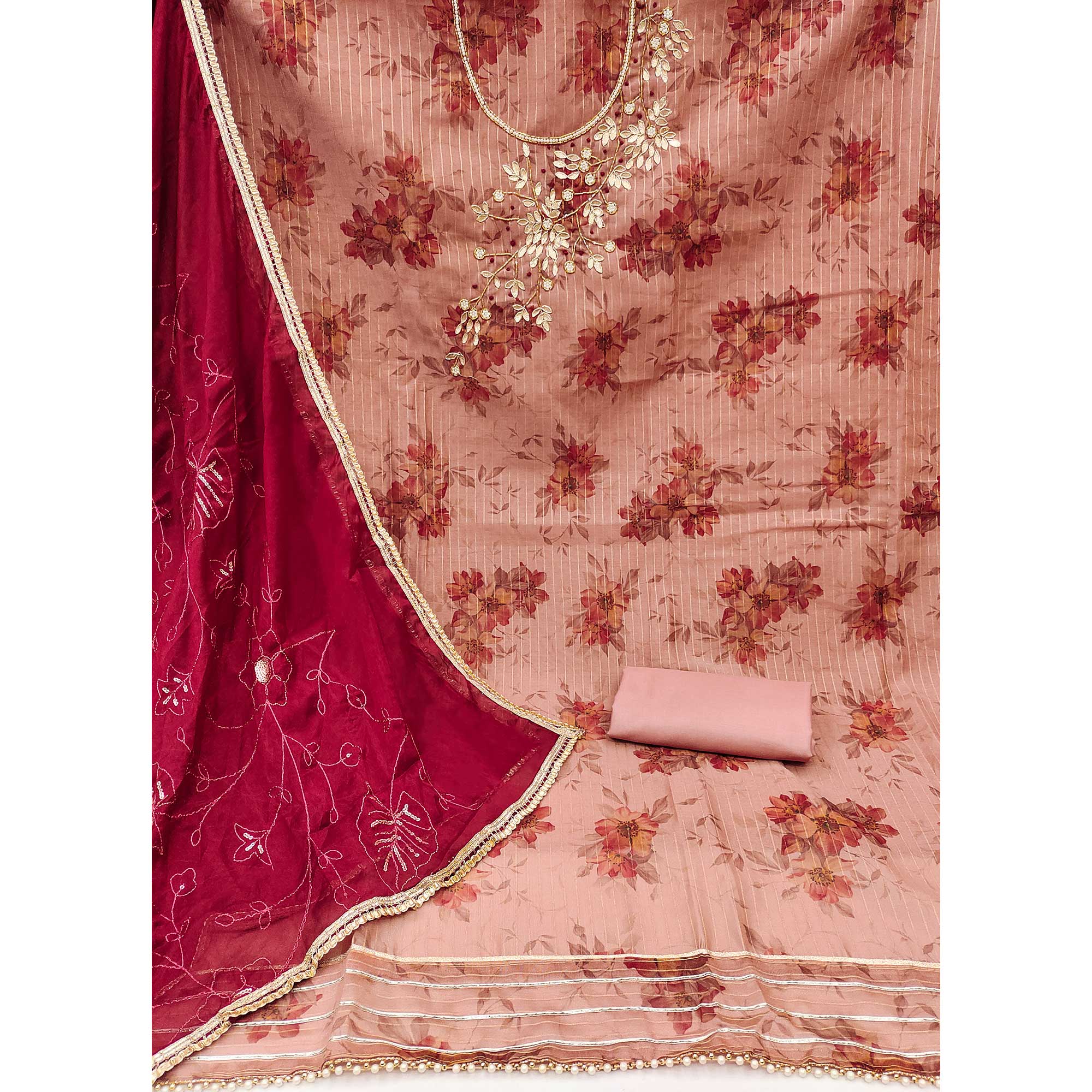 Peach & Wine Floral Digital Printed With Handwork Chanderi Silk Dress Material