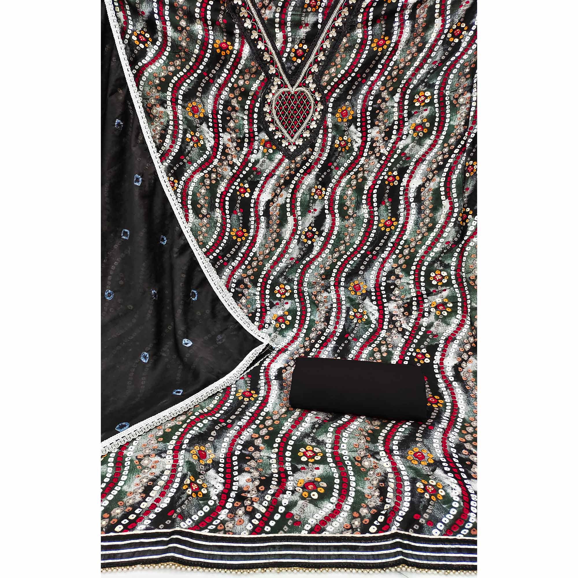 Black Bandhani Printed With Handwork Pure Cotton Dress Material