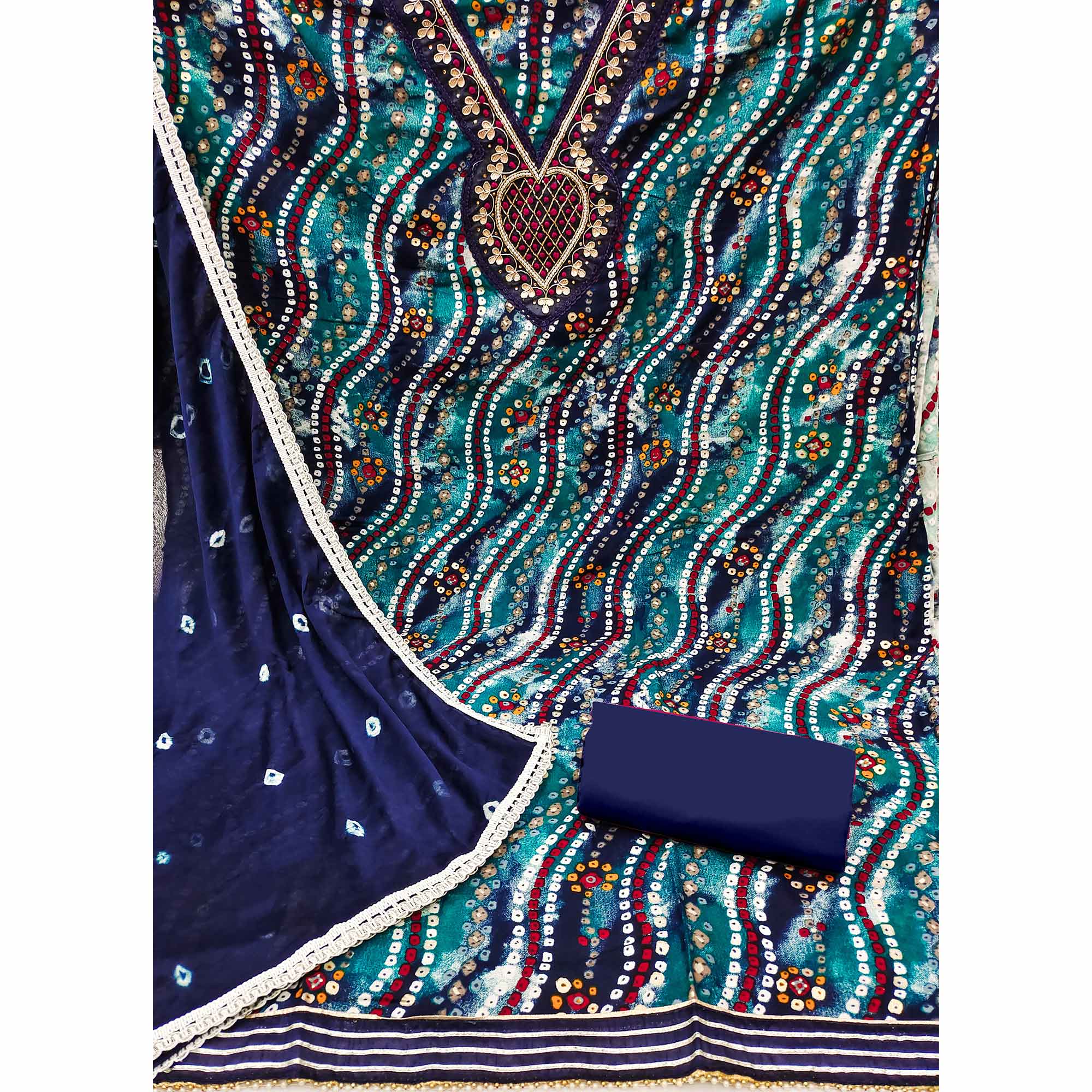 Blue Bandhani Printed With Handwork Pure Cotton Dress Material