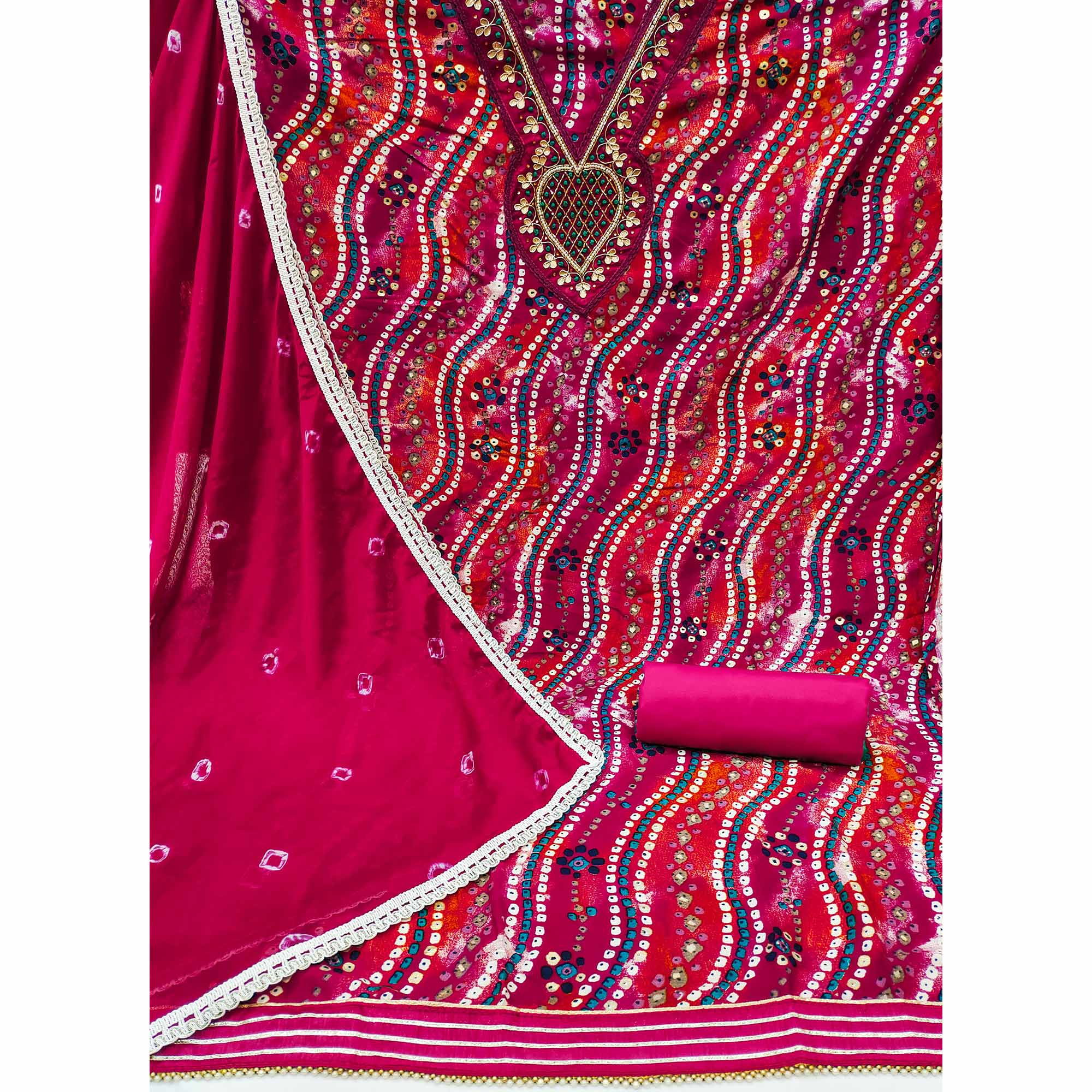 Pink Bandhani Printed With Handwork Pure Cotton Dress Material