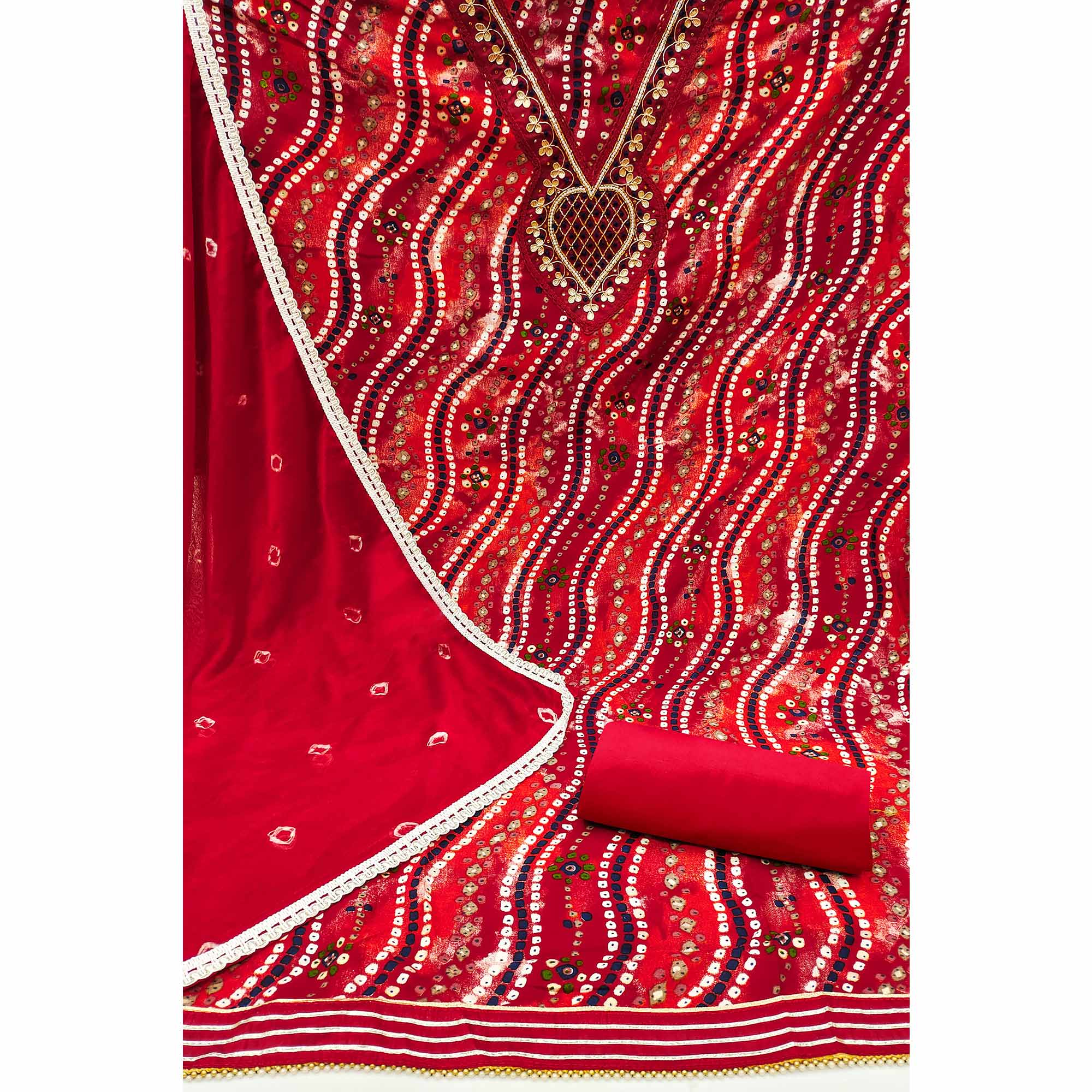 Red Bandhani Printed With Handwork Pure Cotton Dress Material