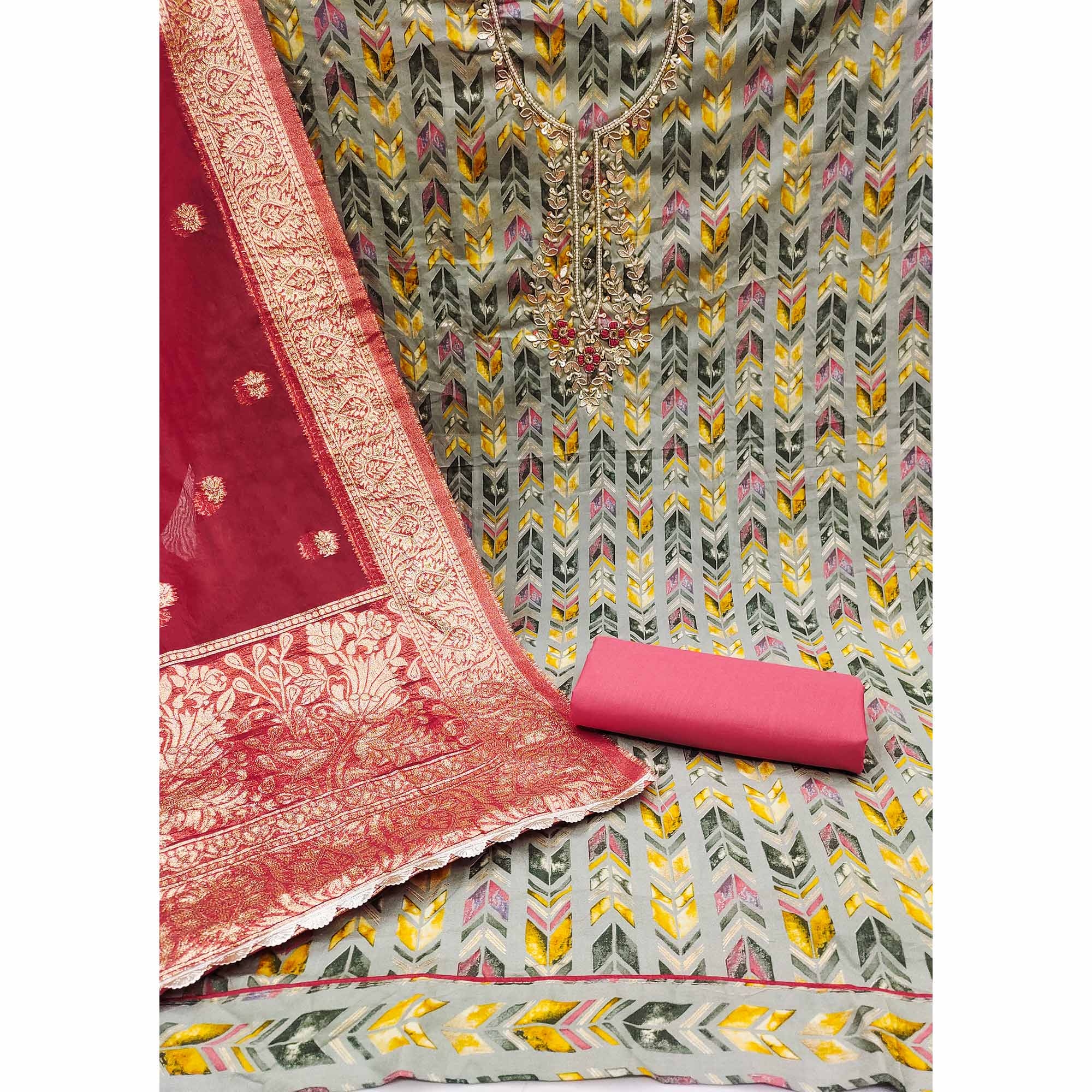 Grey Digital Printed With Handwork Pure Cotton Dress Material