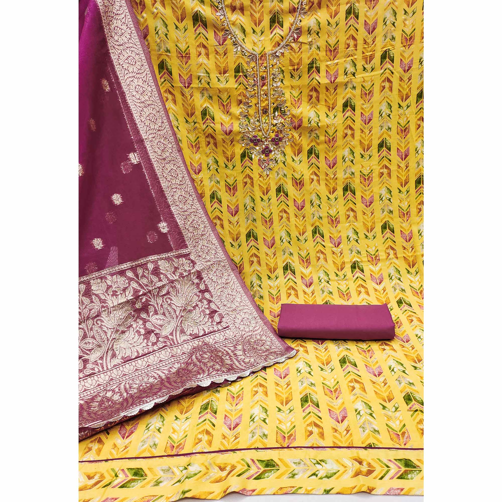 Yellow Digital Printed With Handwork Pure Cotton Dress Material