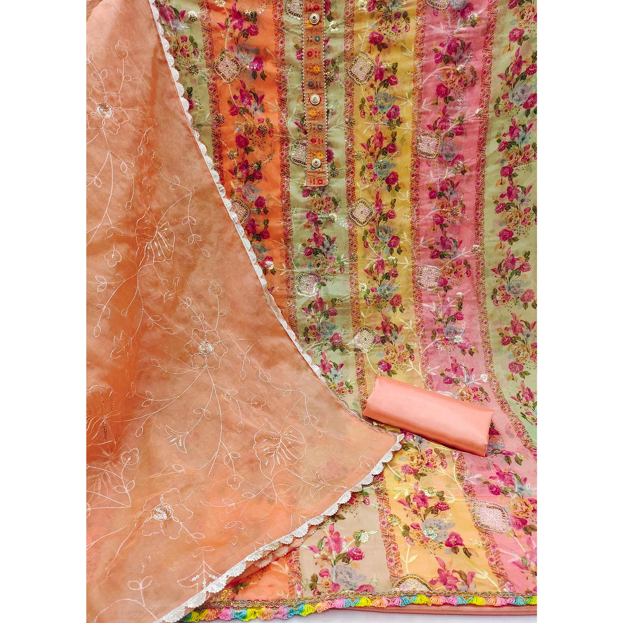 Peach Floral  Embroidered With Printed Organza Dress Material