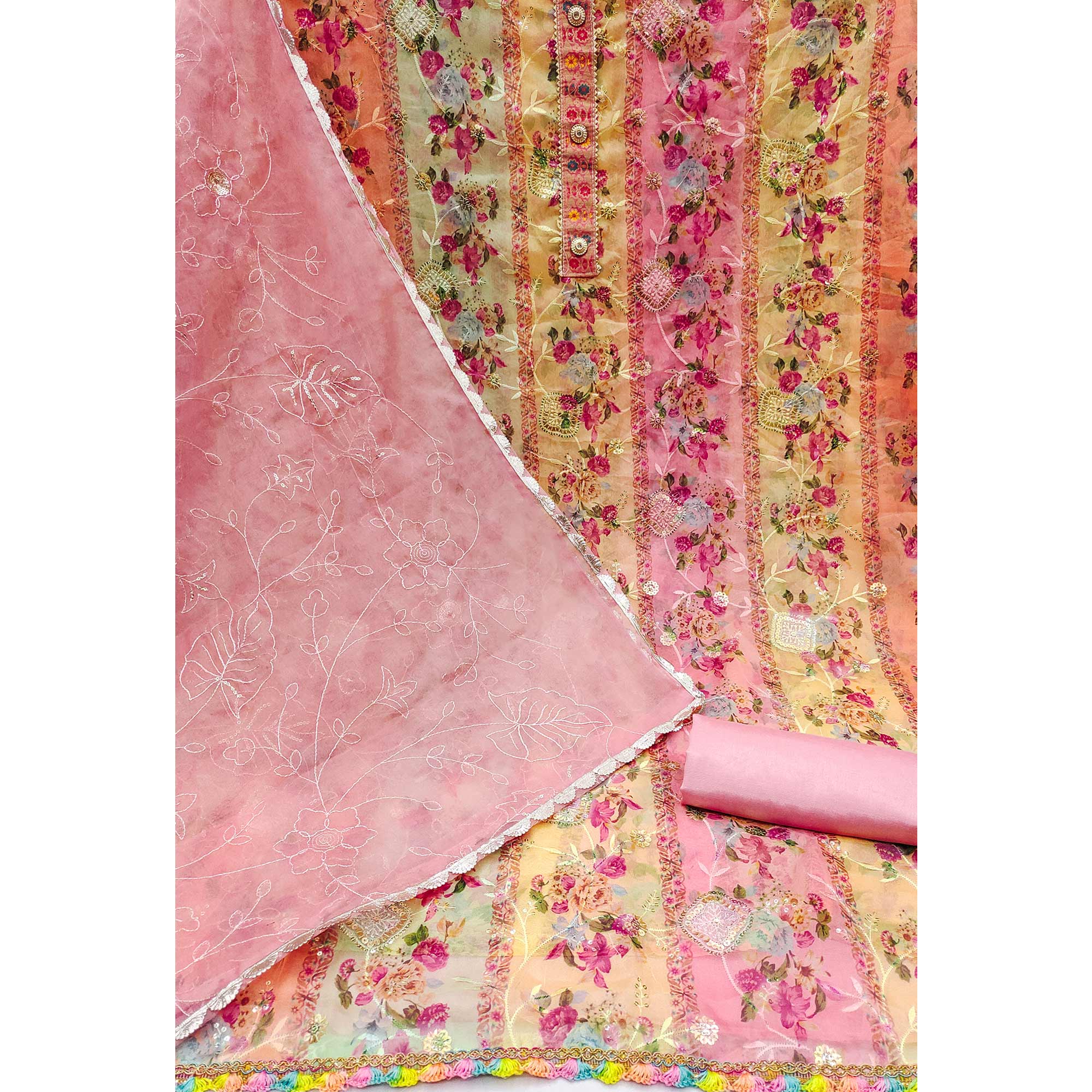Pink Floral  Embroidered With Printed Organza Dress Material