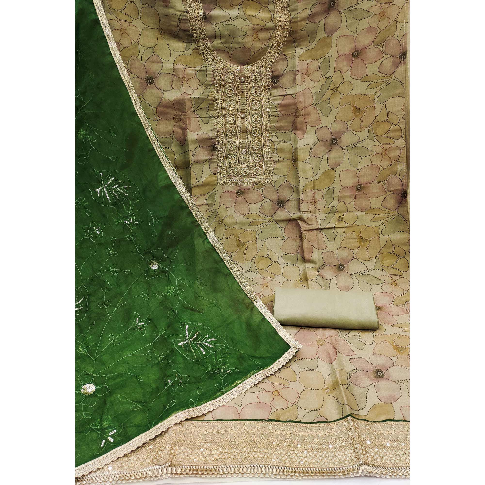 Green Floral Digital Printed Cotton Blend Dress Material
