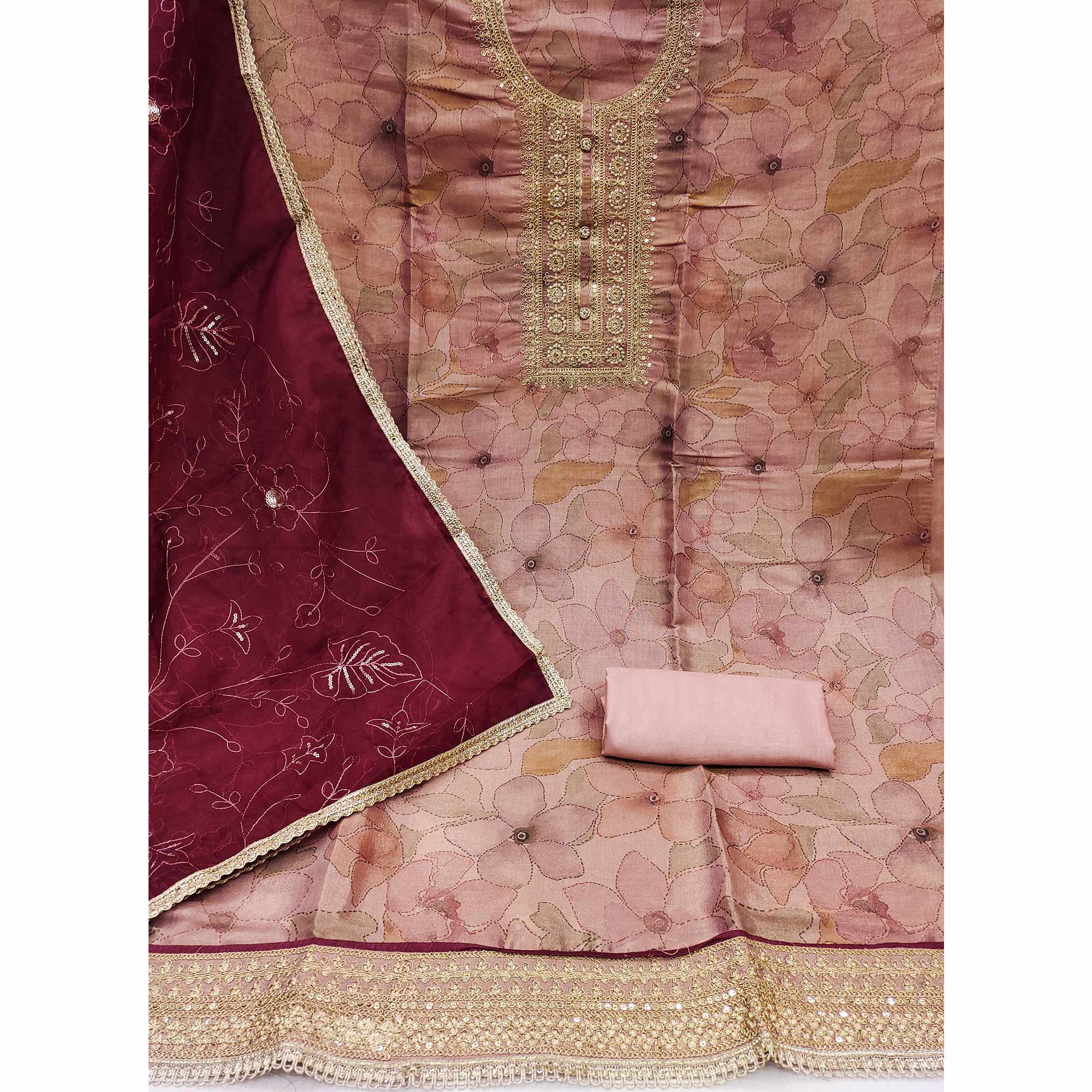 Mauve Floral Digital Printed Cotton Blend Dress Material