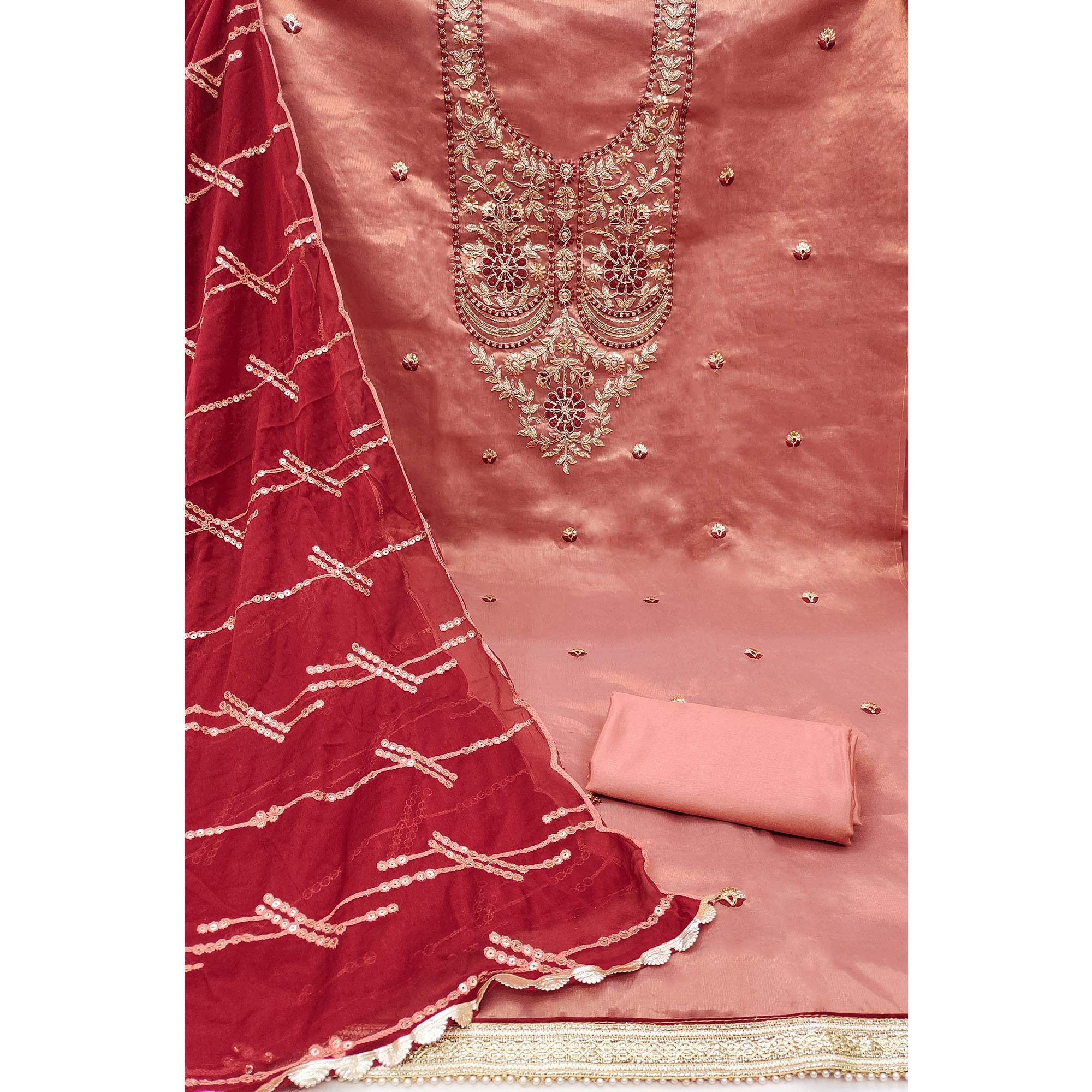 Dark Peach Embroidered Viscose Dress Material