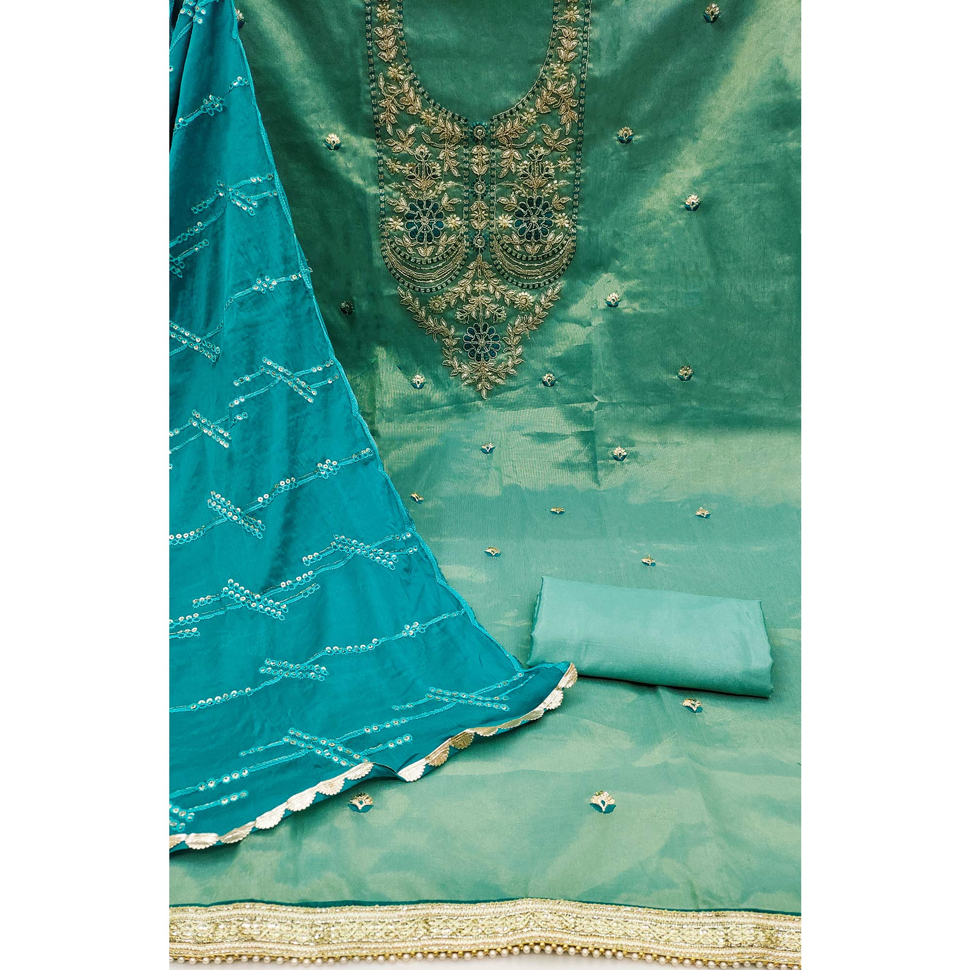 Turquoise Embroidered Viscose Dress Material