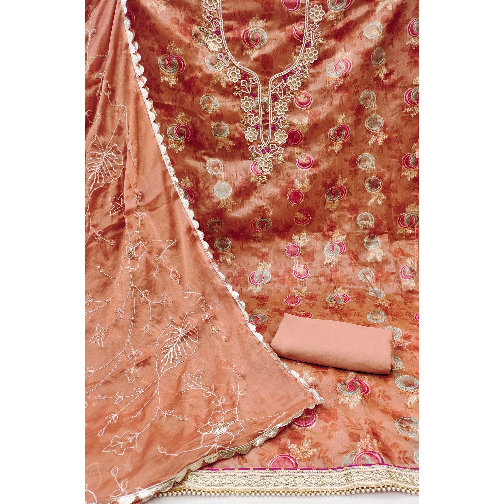 Dark Peach Woven Chanderi Silk Dress Material