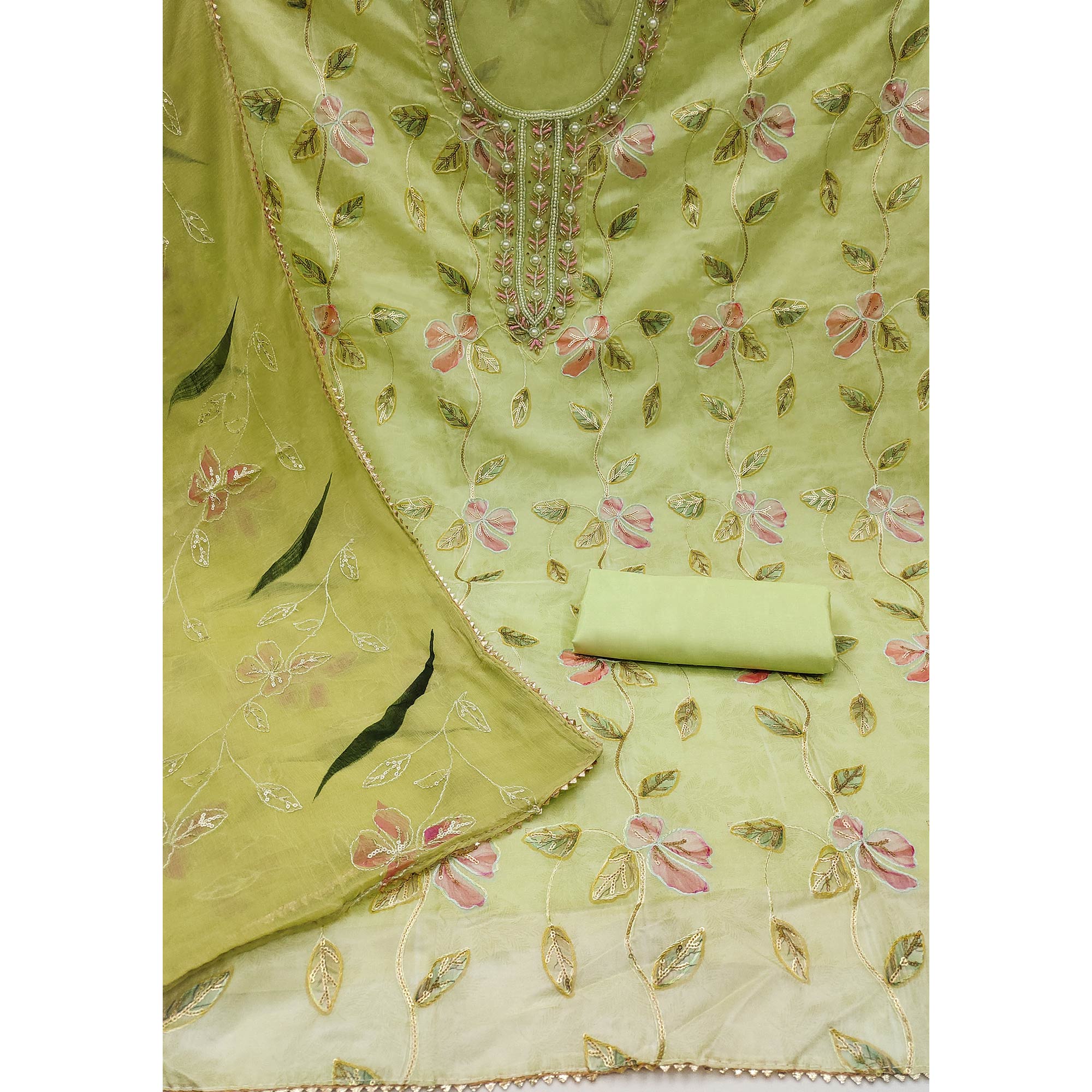Green Floral Printed Organza Dress Material