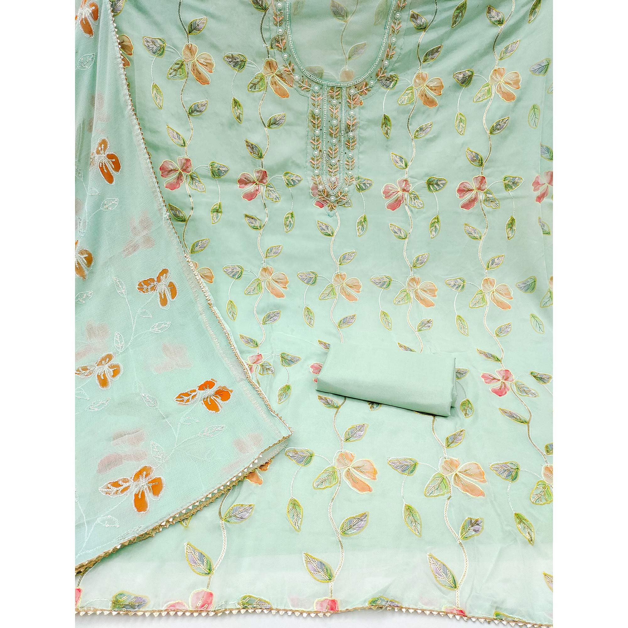 Sea Green Floral Printed Organza Dress Material