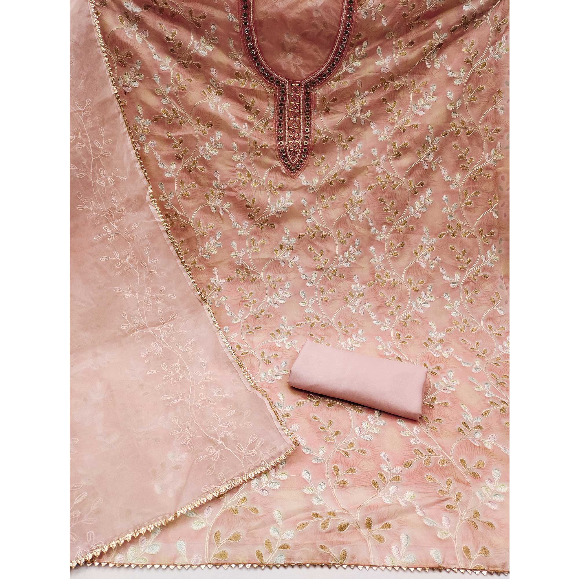 Peach Embroidered Organza Dress Material