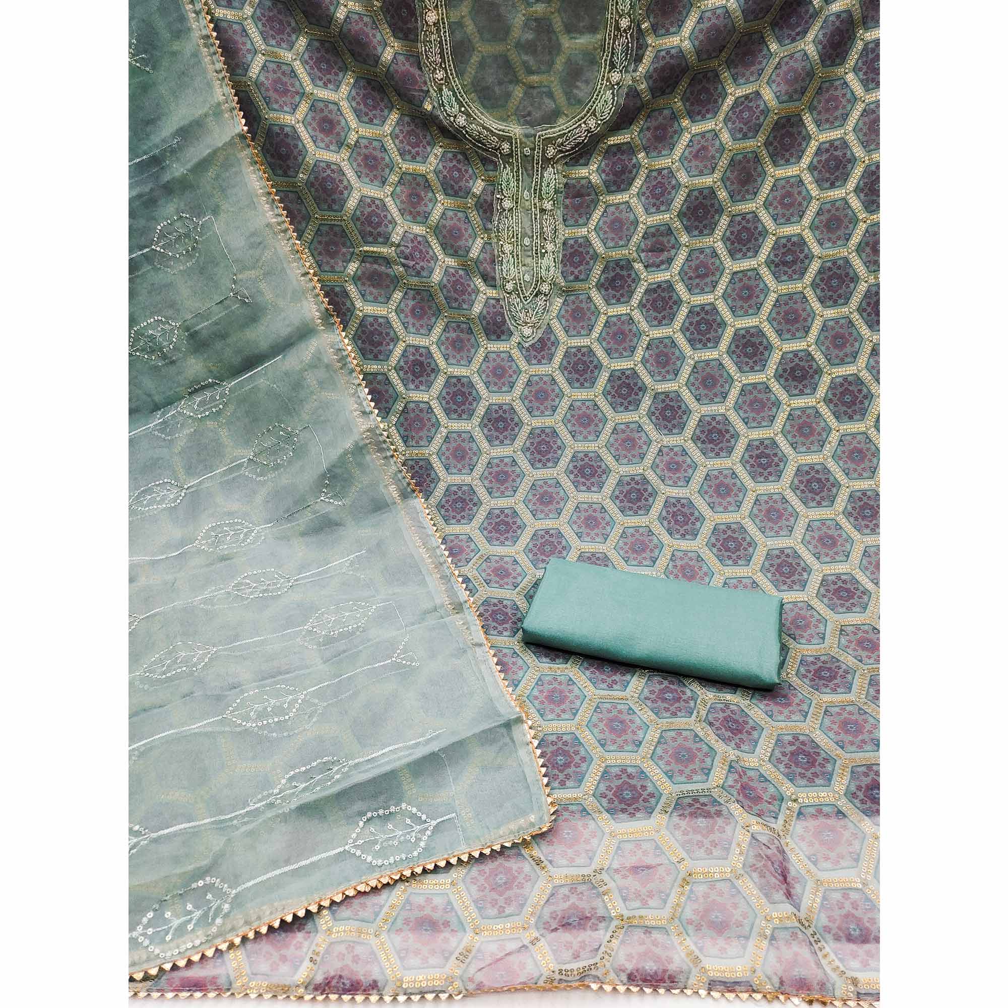 Grey Printed Organza Dress Material