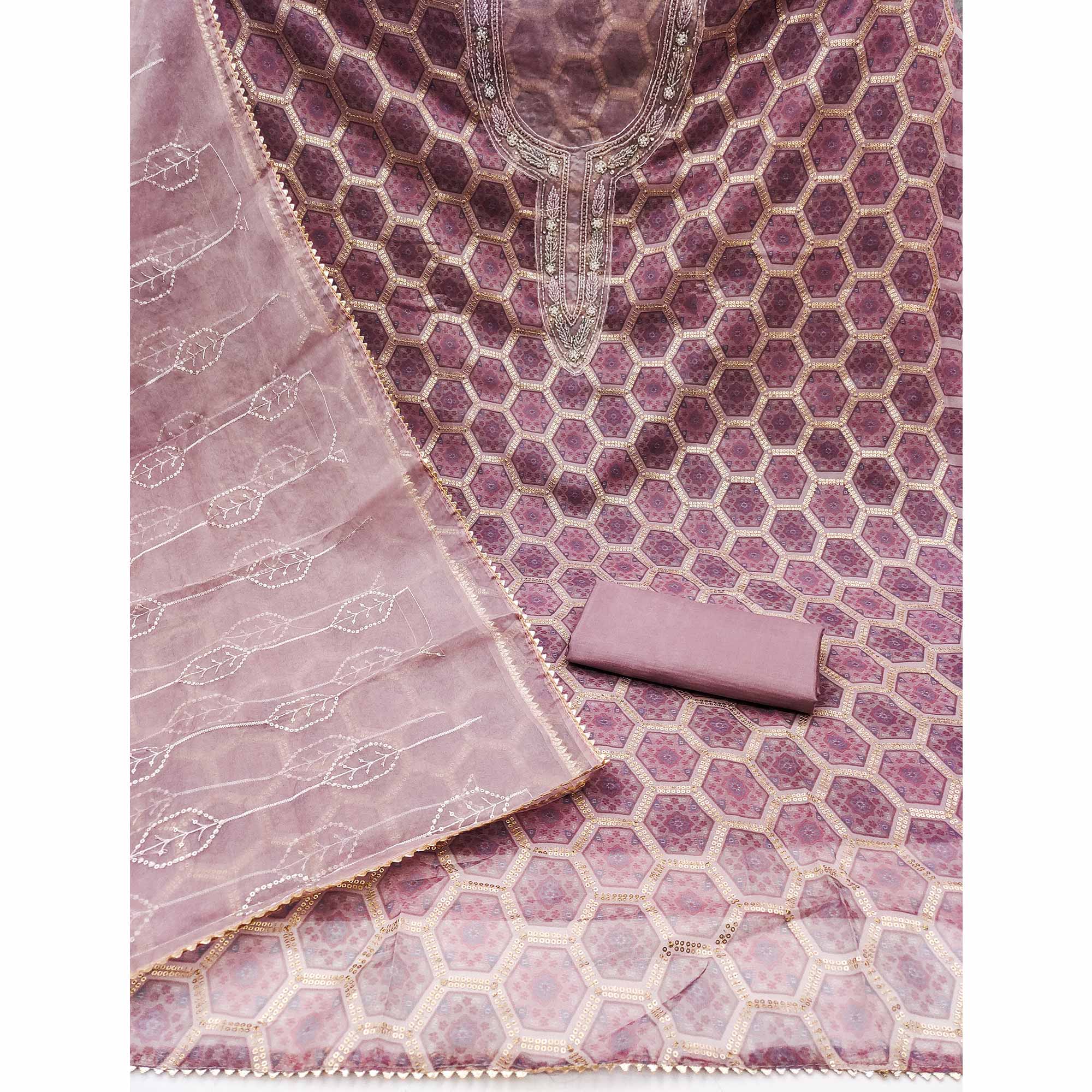 Mauve Printed Organza Dress Material