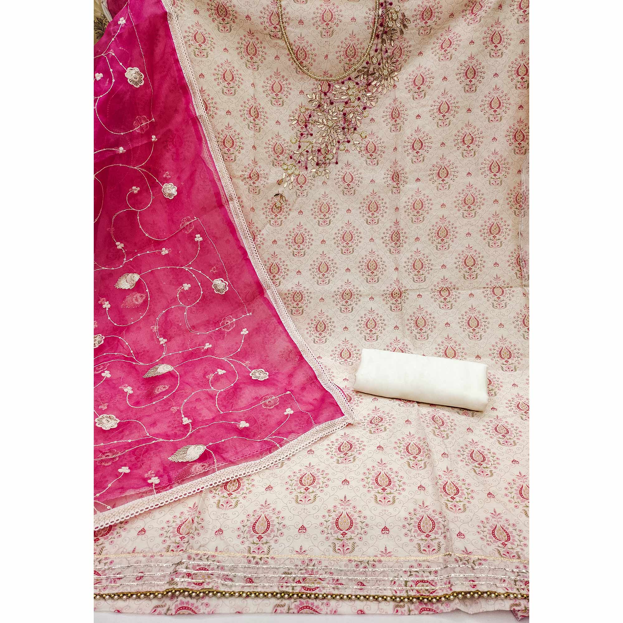 Off White & Pink Printed Chanderi Silk Dress Material