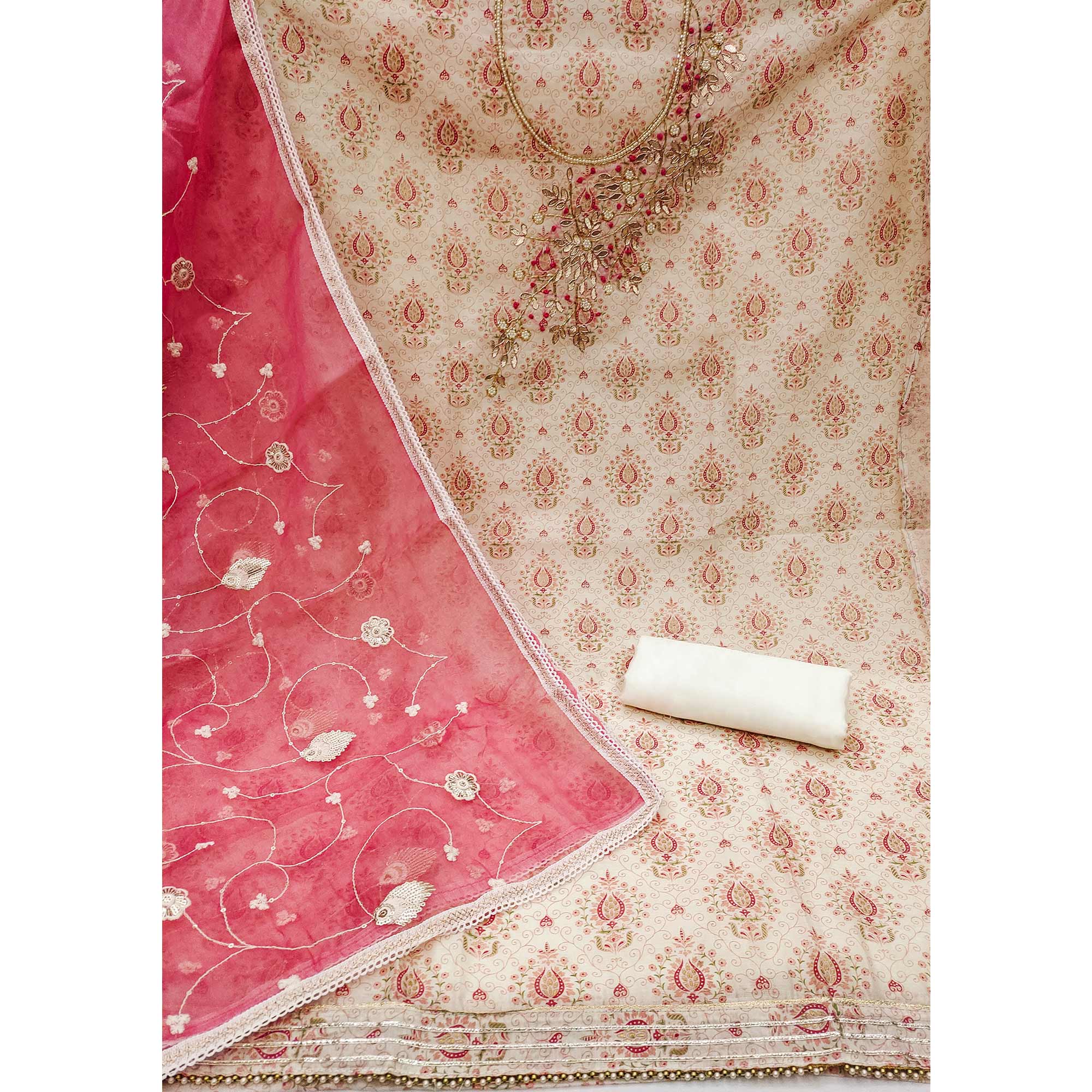 Off White & Gajri Pink Printed Chanderi Silk Dress Material