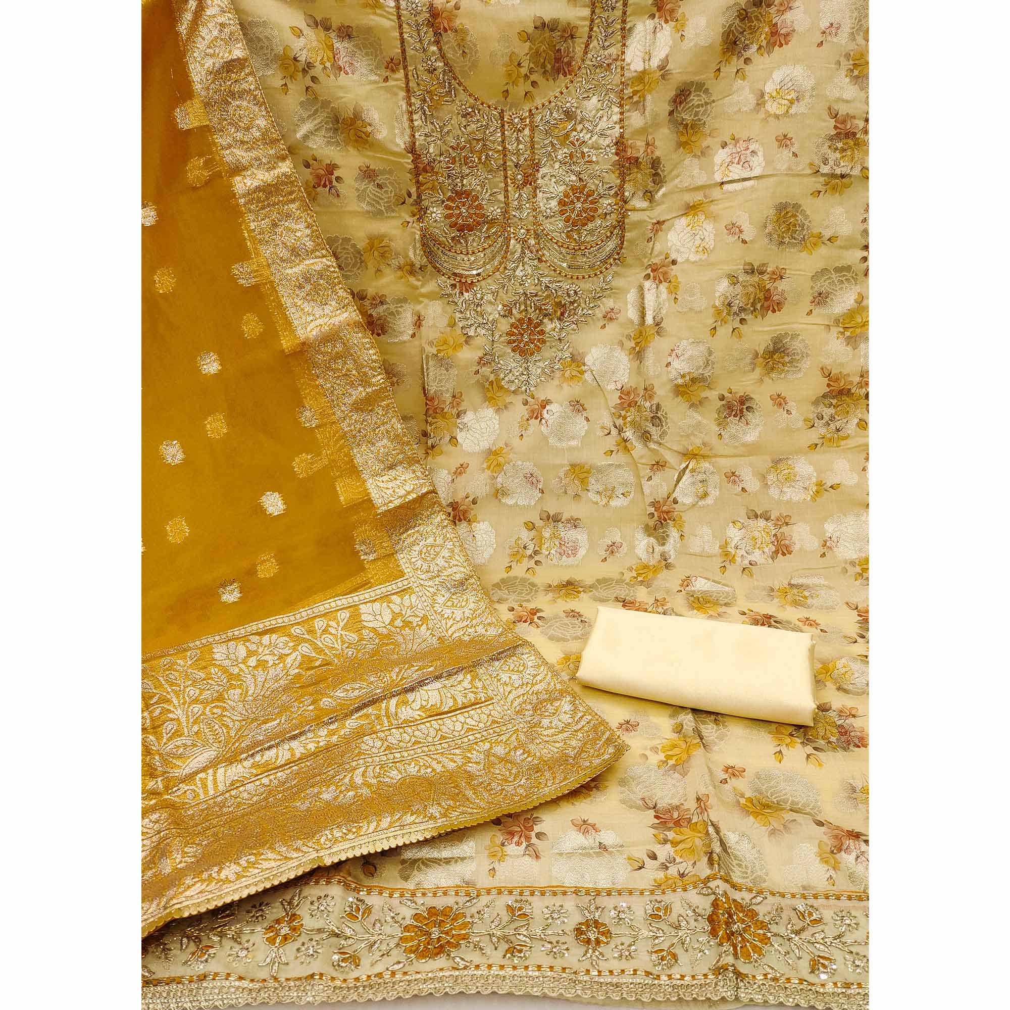 Cream Floral Woven Banarasi Silk Dress Material