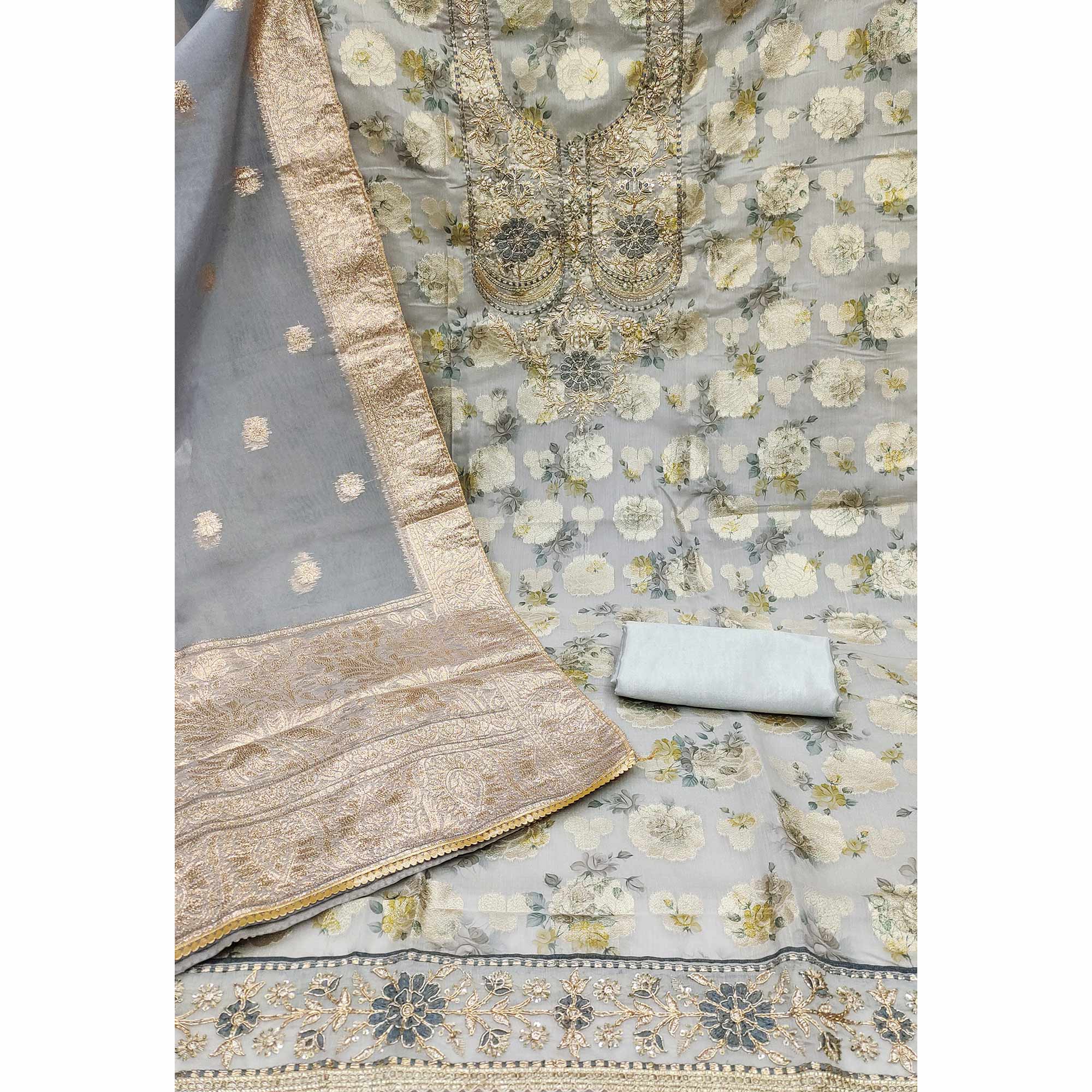 Grey Floral Woven Banarasi Silk Dress Material