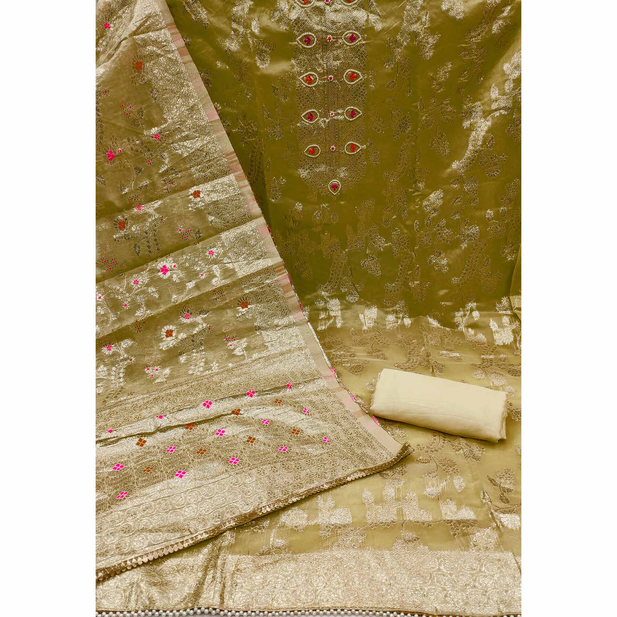 Olive Green Woven Organza Dress Material