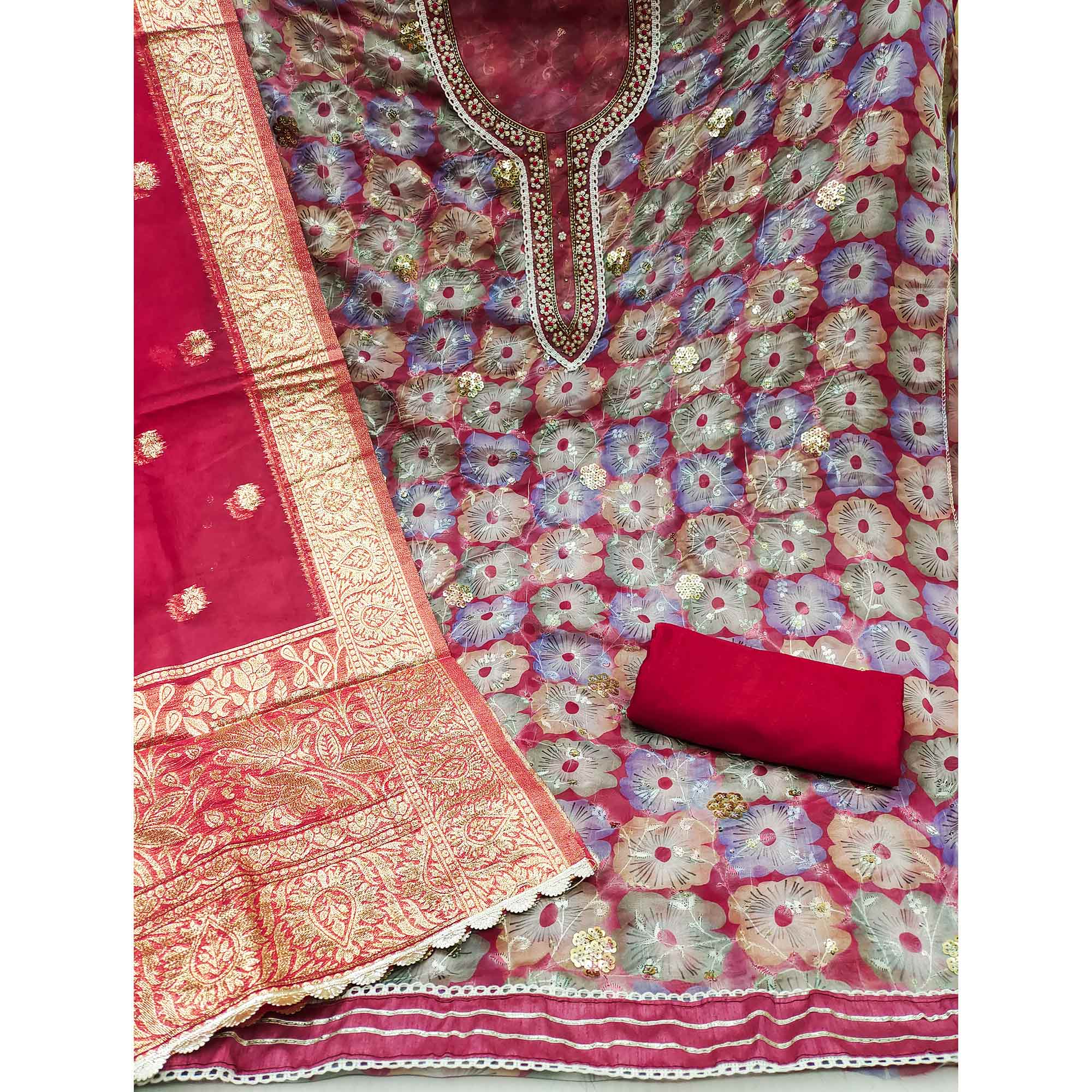 Pink Floral Printed With Embroidered Organza Dress Material