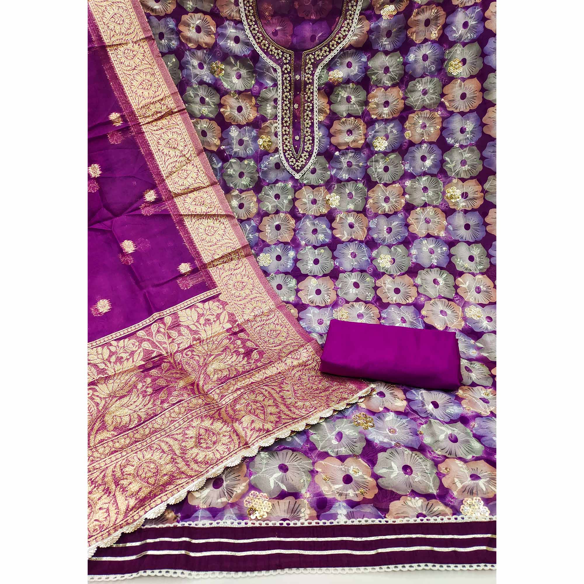 Purple Floral Printed With Embroidered Organza Dress Material